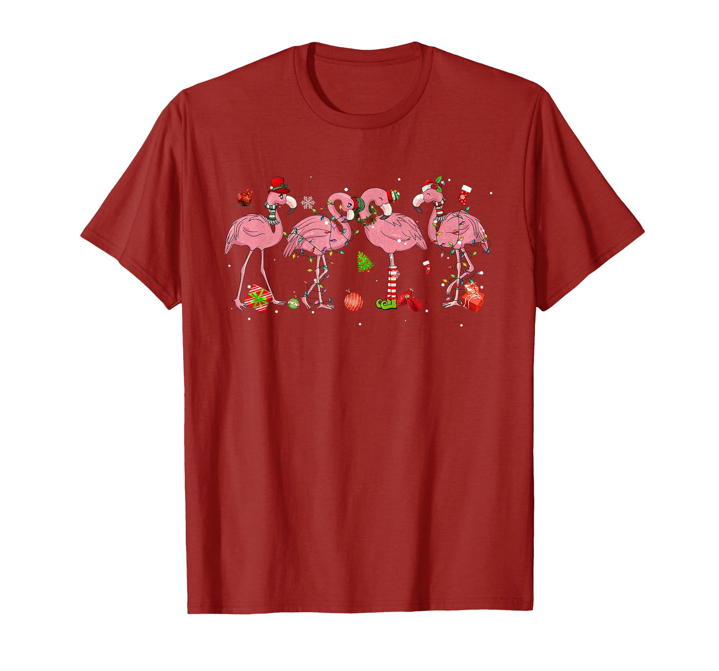 Pink Flamingo Hat Santa Merry Christmas Lights Womens Girls T-Shirt