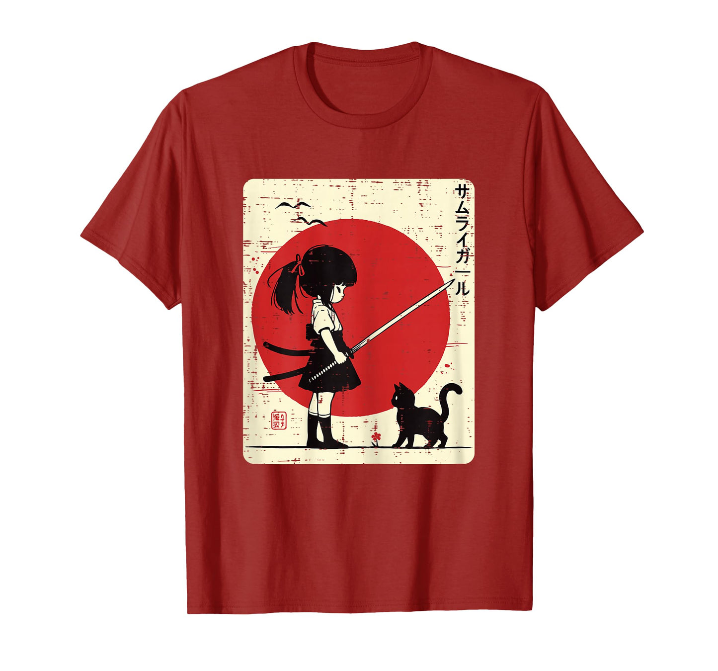Japanese Samurai Girl Black Cat Kawaii Anime Girls Kid Women T-Shirt
