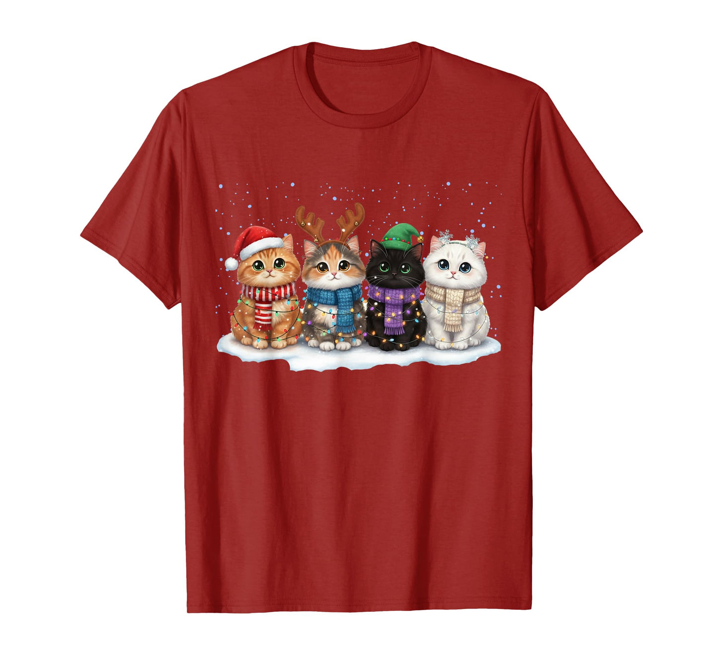 Merry Christmas Cat Light Reindeer Santa Kitten Lover T-Shirt