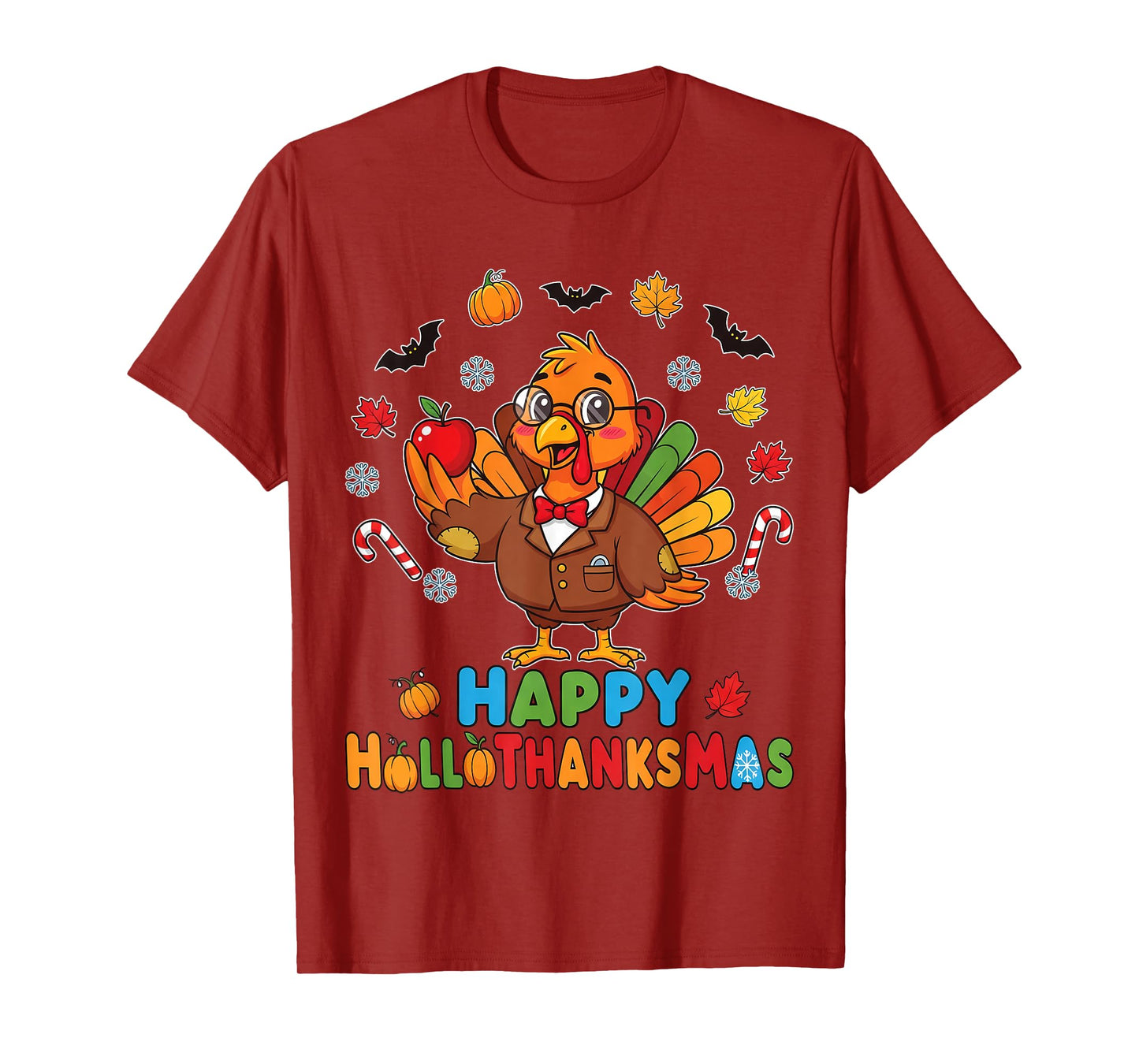 Funny Thanksgiving Happy HalloThanksMas Santa Lights Teacher T-Shirt