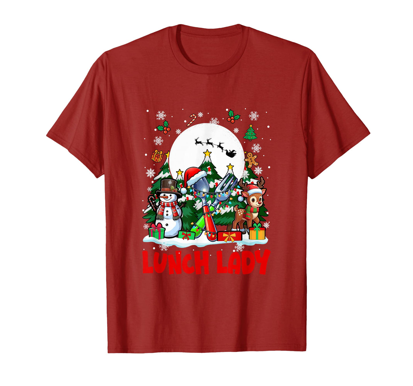 Lunch Lady Job Tools Santa Snowmen Reindeer Christmas Trees T-Shirt