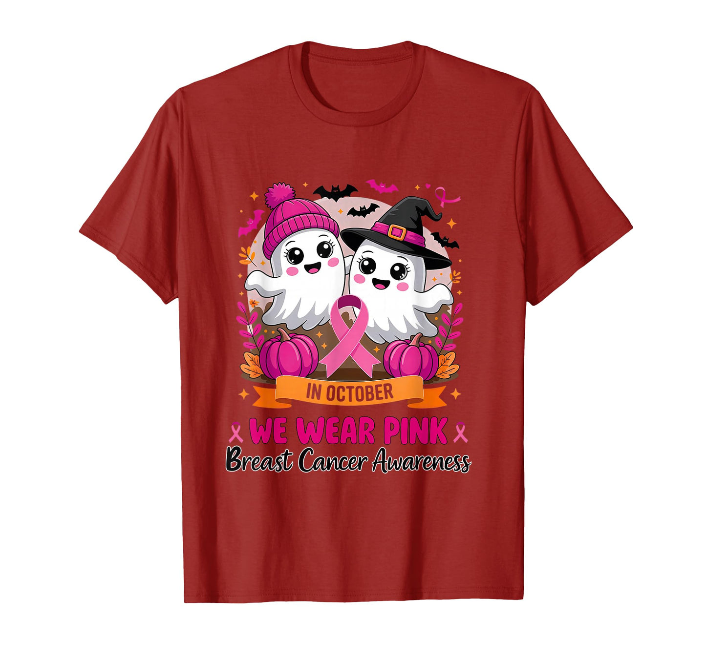 in October We Wear Pink Ghost Witch Breast Cancer Awareness T-Shirt