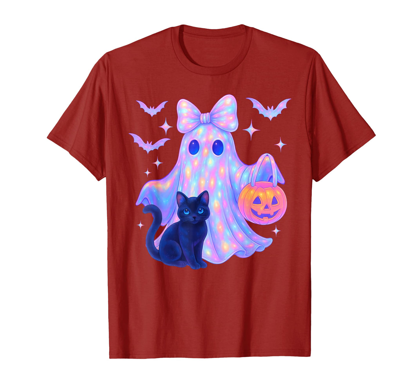 Floral Colorful Ghost Black Cat Coquette Bow Halloween Women T-Shirt