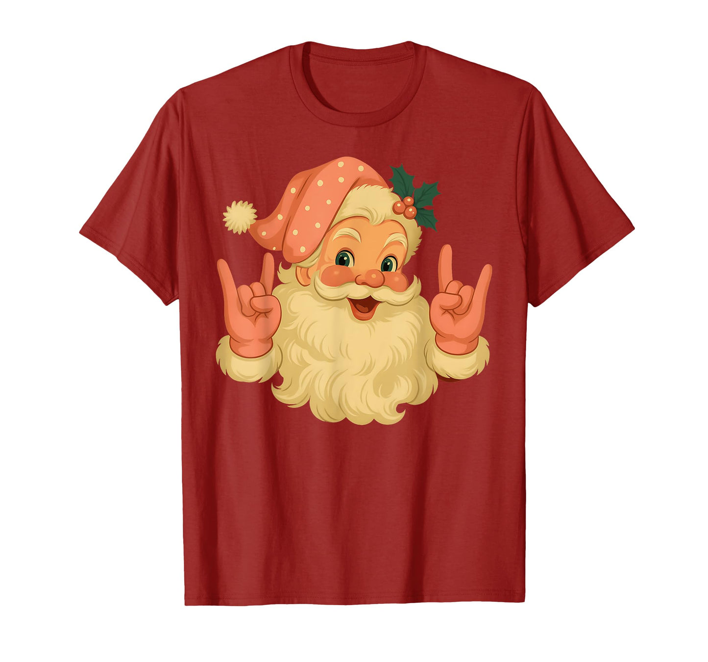 Vintage Pink Santa Claus Christmas Rock Hand Girl Women T-Shirt