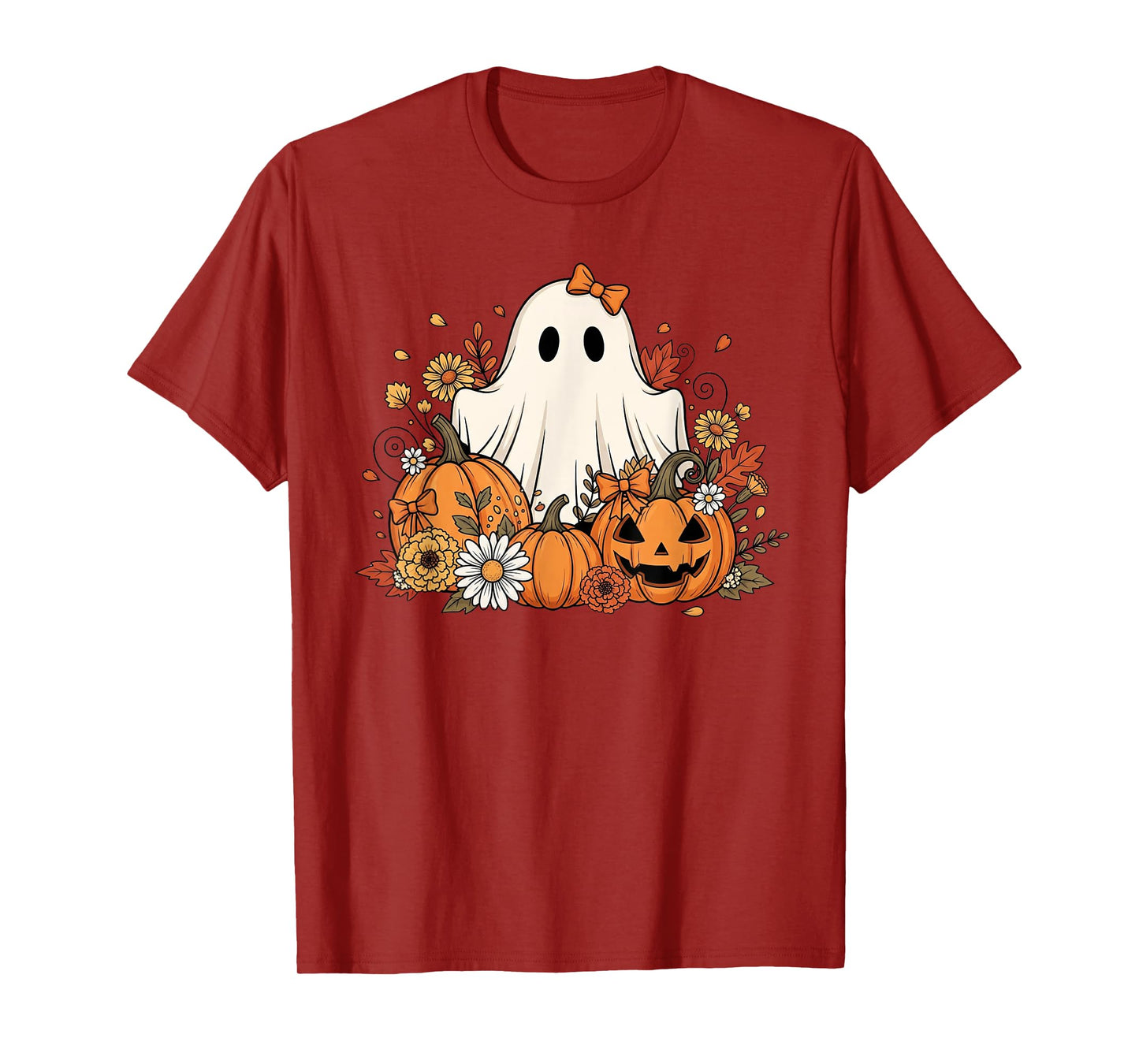Cute Ghost With Flower Halloween Pumpkin Autumn Women T-Shirt