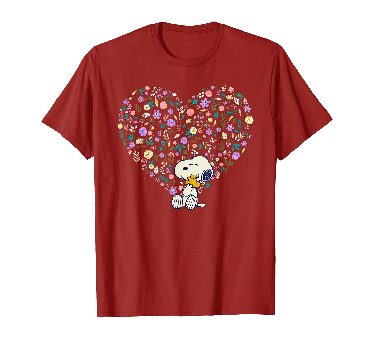 Peanuts Snoopy & Woodstock Hug Floral Heart T-Shirt