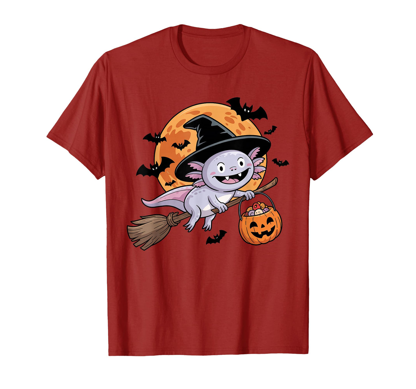 Cute Axolotl Witch with Jack-O-Lantern Pumpkin Halloween T-Shirt