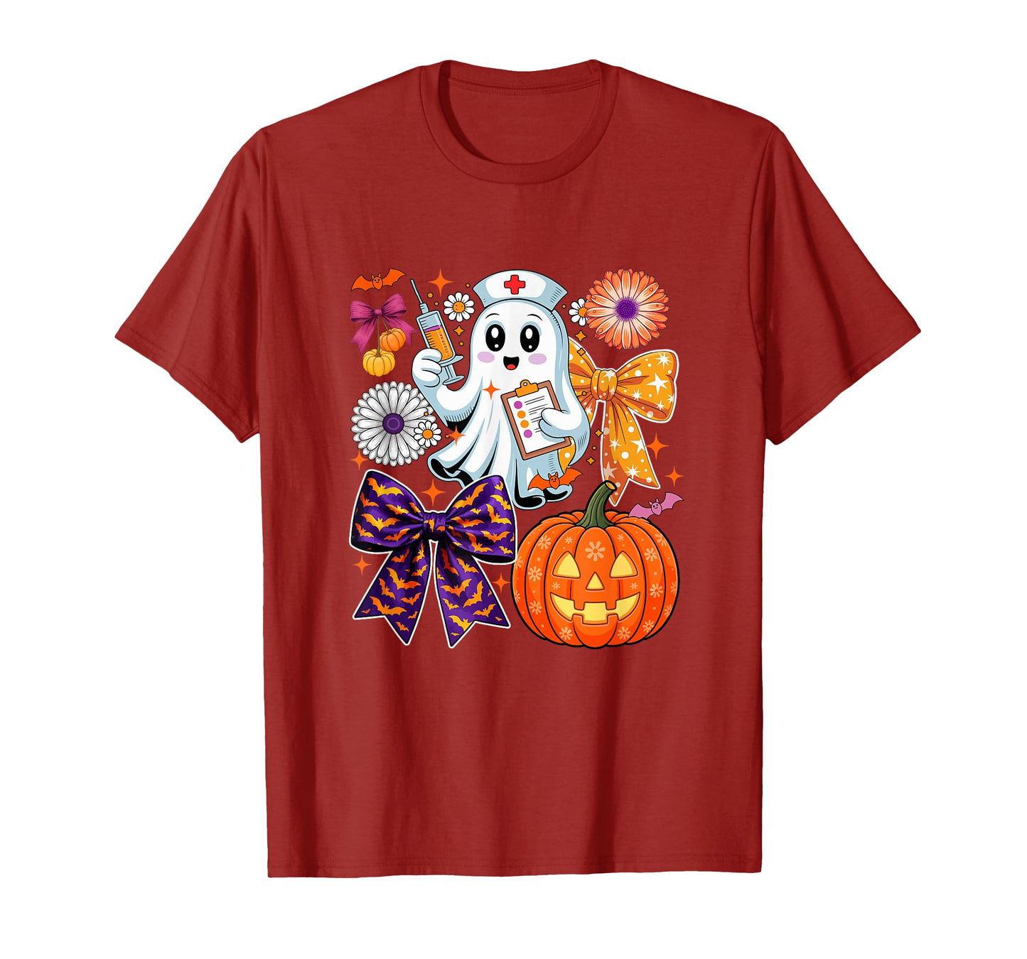 Halloween Boo Ghost As Nurse Colorful Bow Ties Flowers T-Shirt
