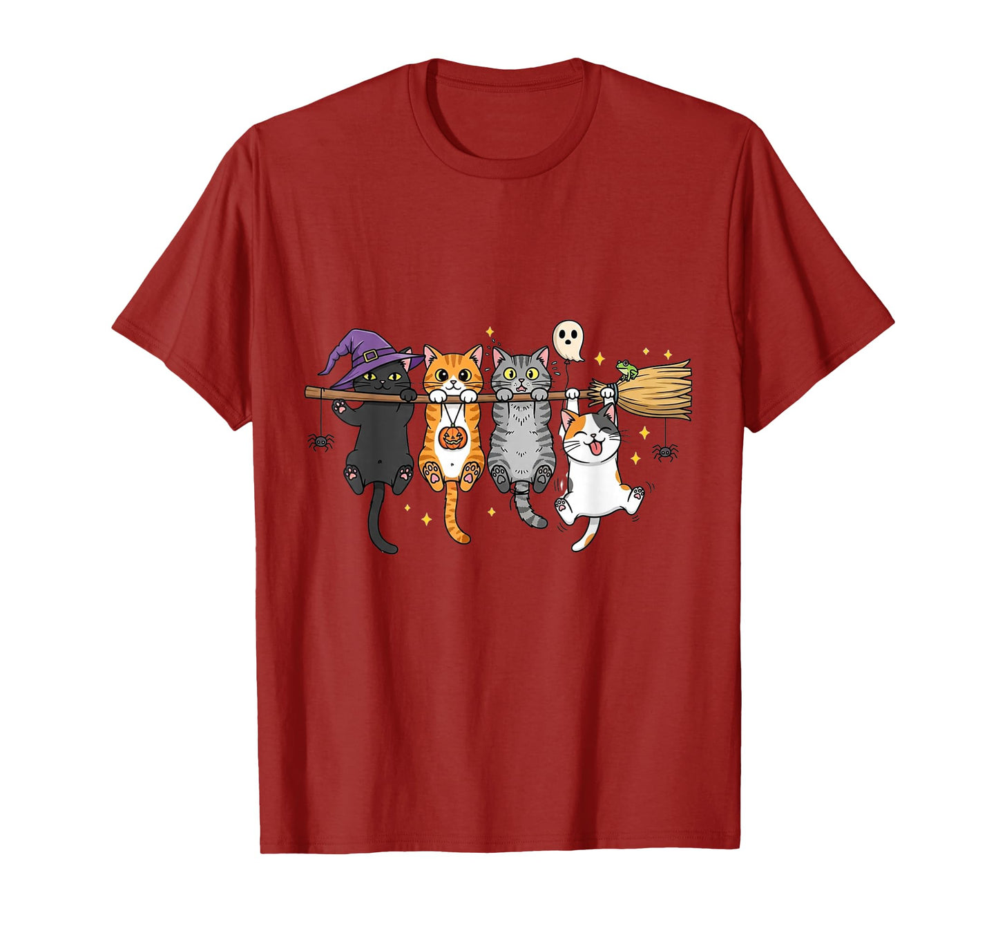 Funny Halloween Cats Hanging on Witch Broom T-Shirt