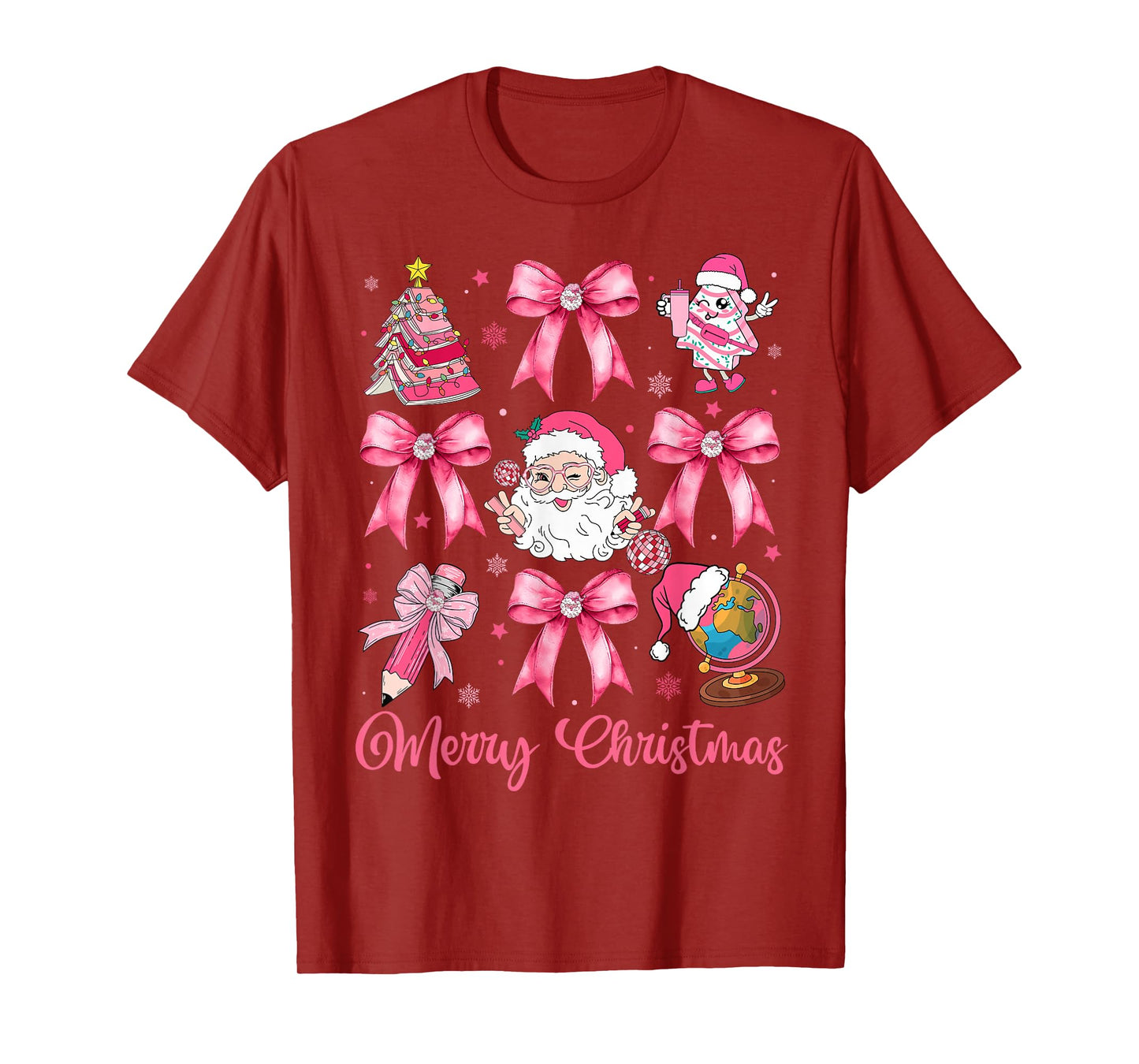 Merry Christmas Pink Santa Coquette Bow Teacher Girl Women T-Shirt