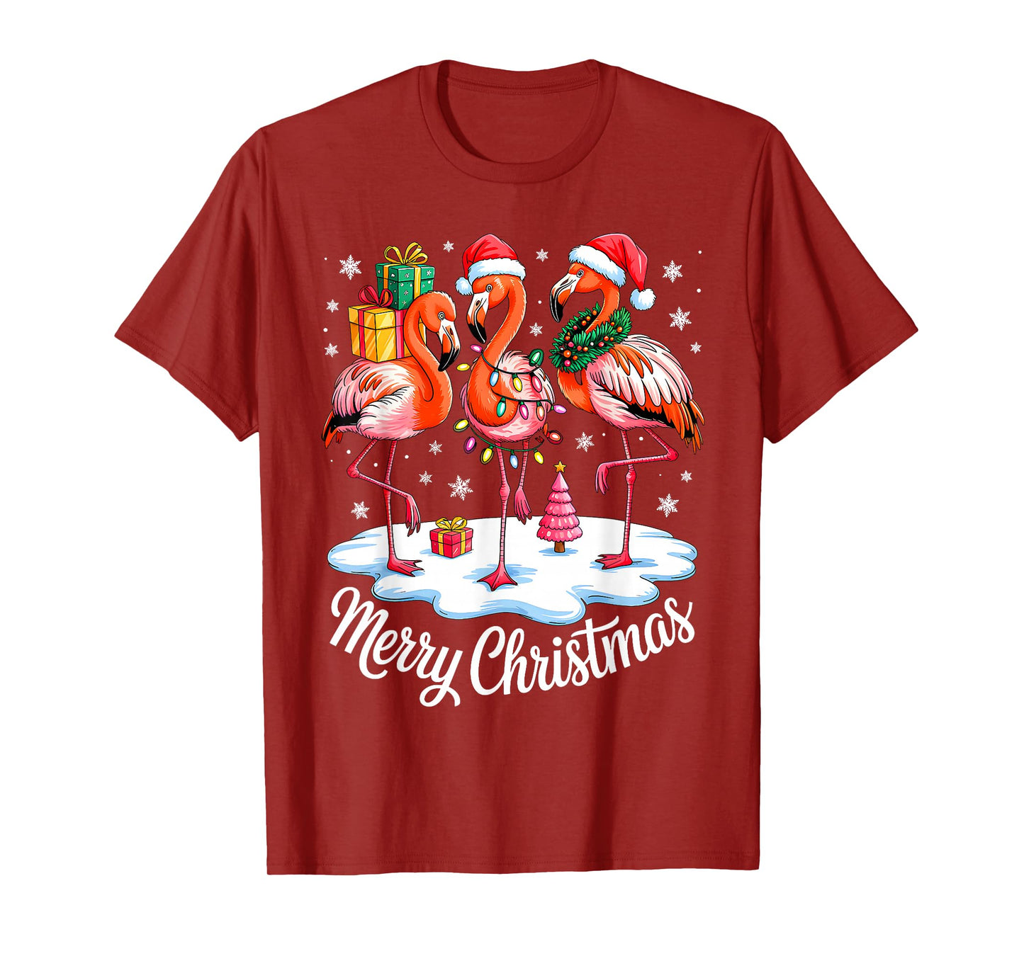 Merry Christmas Hat Santa Flamingo Light Christmas in July T-Shirt