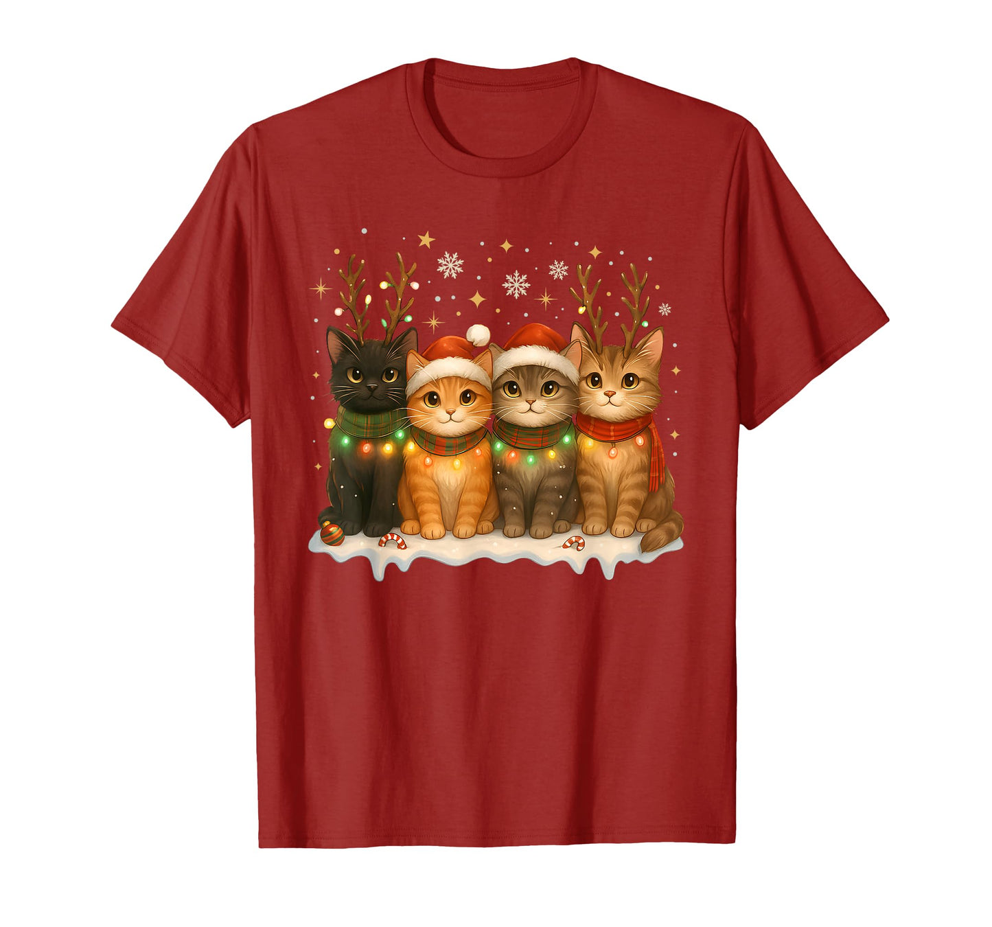 Cat Christmas Light Reindeer Santa Christmas Cat Lover T-Shirt