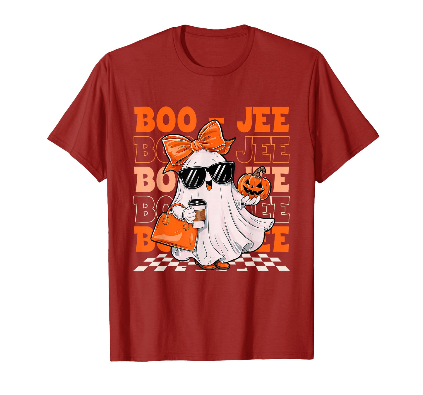Coquette Checkered Ghost Coffee Boo-JEE Halloween Lace Ghost T-Shirt