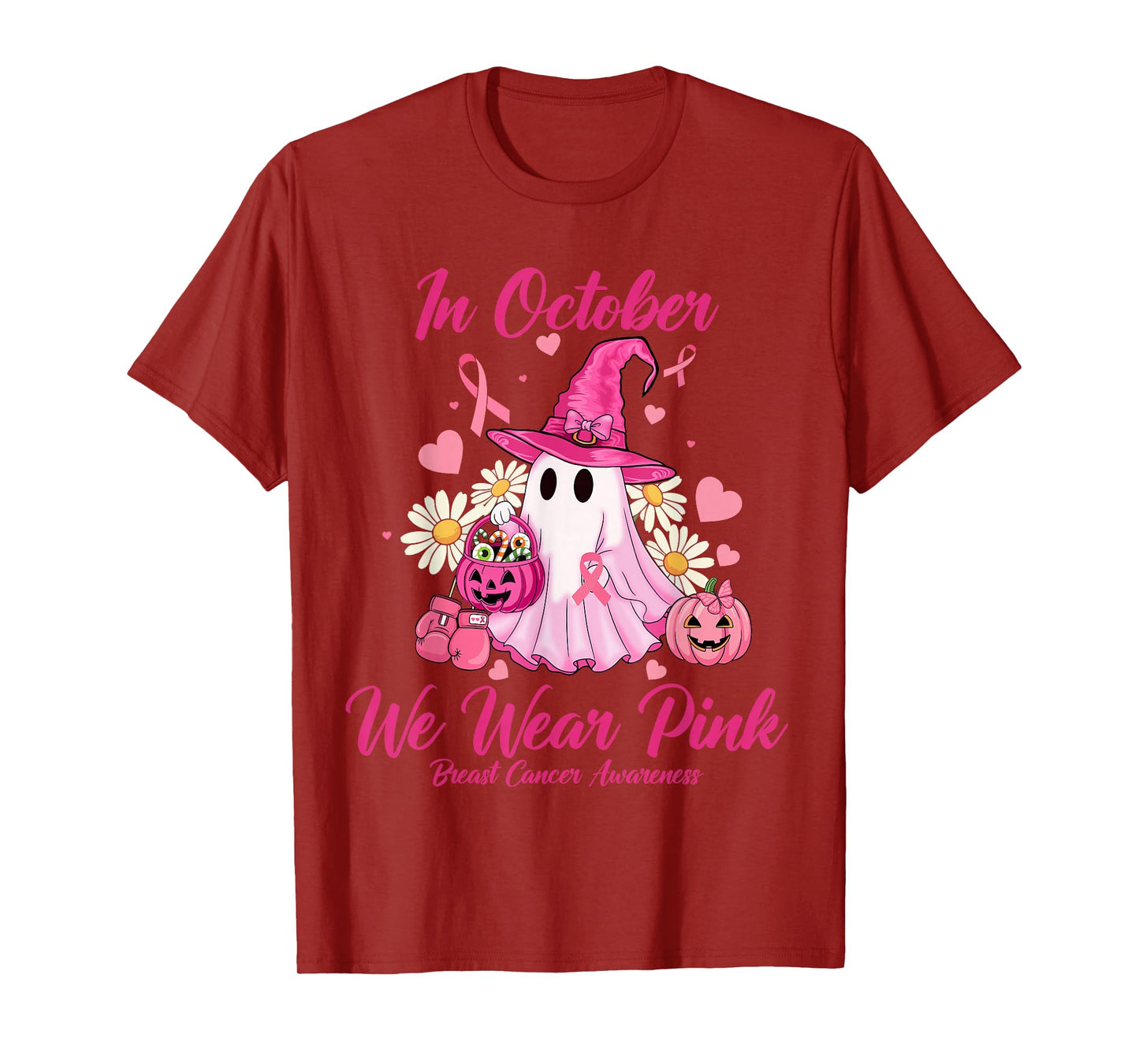 in October We Wear Pink Ghost Witch Breast Cancer Awareness T-Shirt