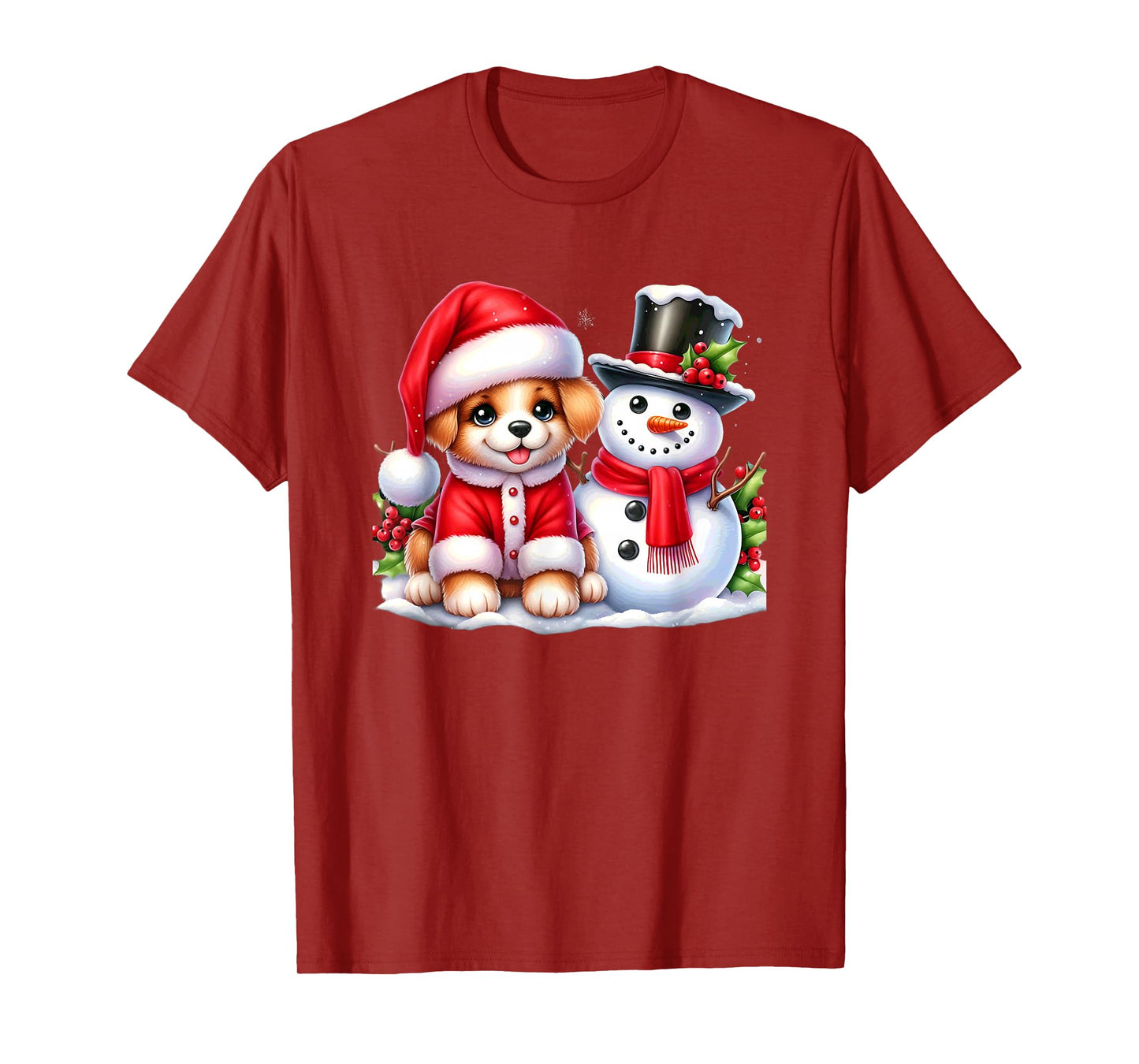 Merry Christmas Puppy and Snowman Joyful Holiday T-Shirt