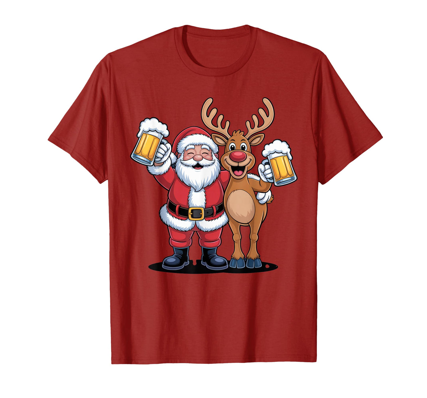 Santa and Reindeer Cheers for Christmas Fun Adult Holiday T-Shirt