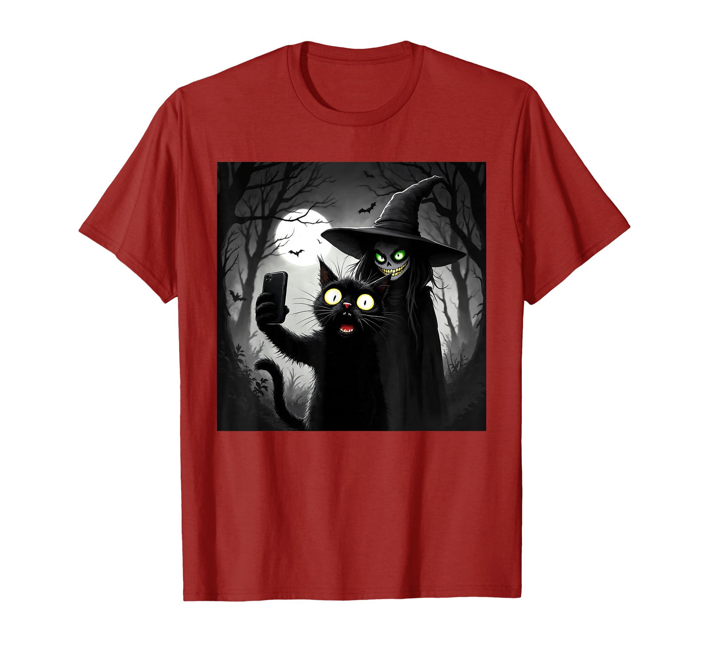Halloween Shocked Black Cat Selfie with Witch for Cat Lovers T-Shirt