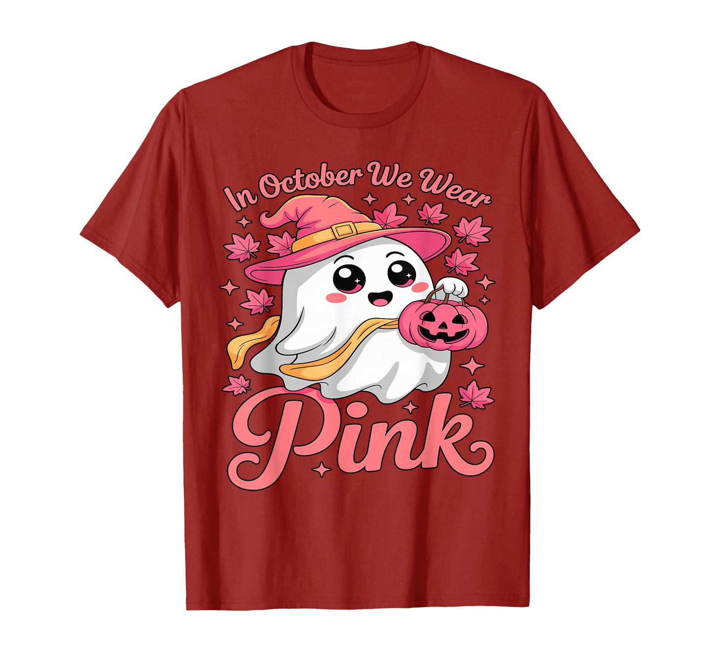 in October We Wear Pink Breast Cancer Awareness Witch Ghost T-Shirt