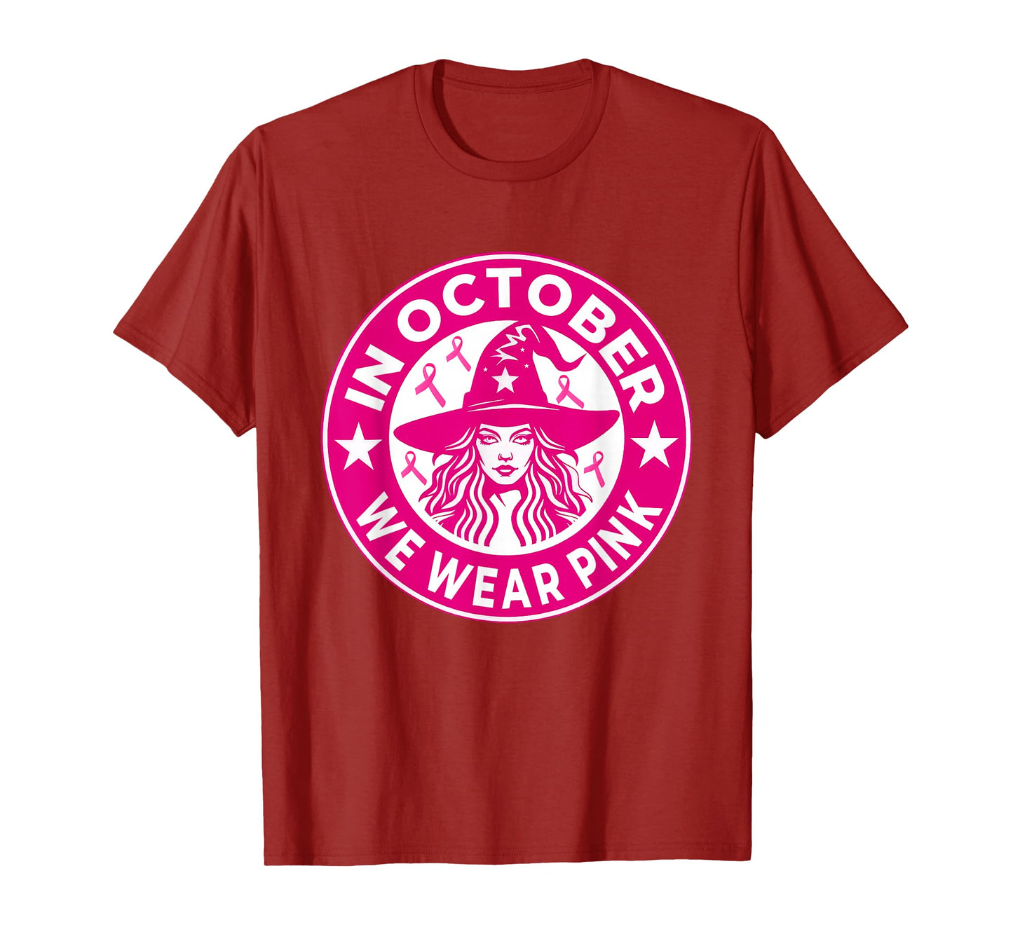 in October We Wear Pink Breast Cancer Awareness Salem Witch T-Shirt