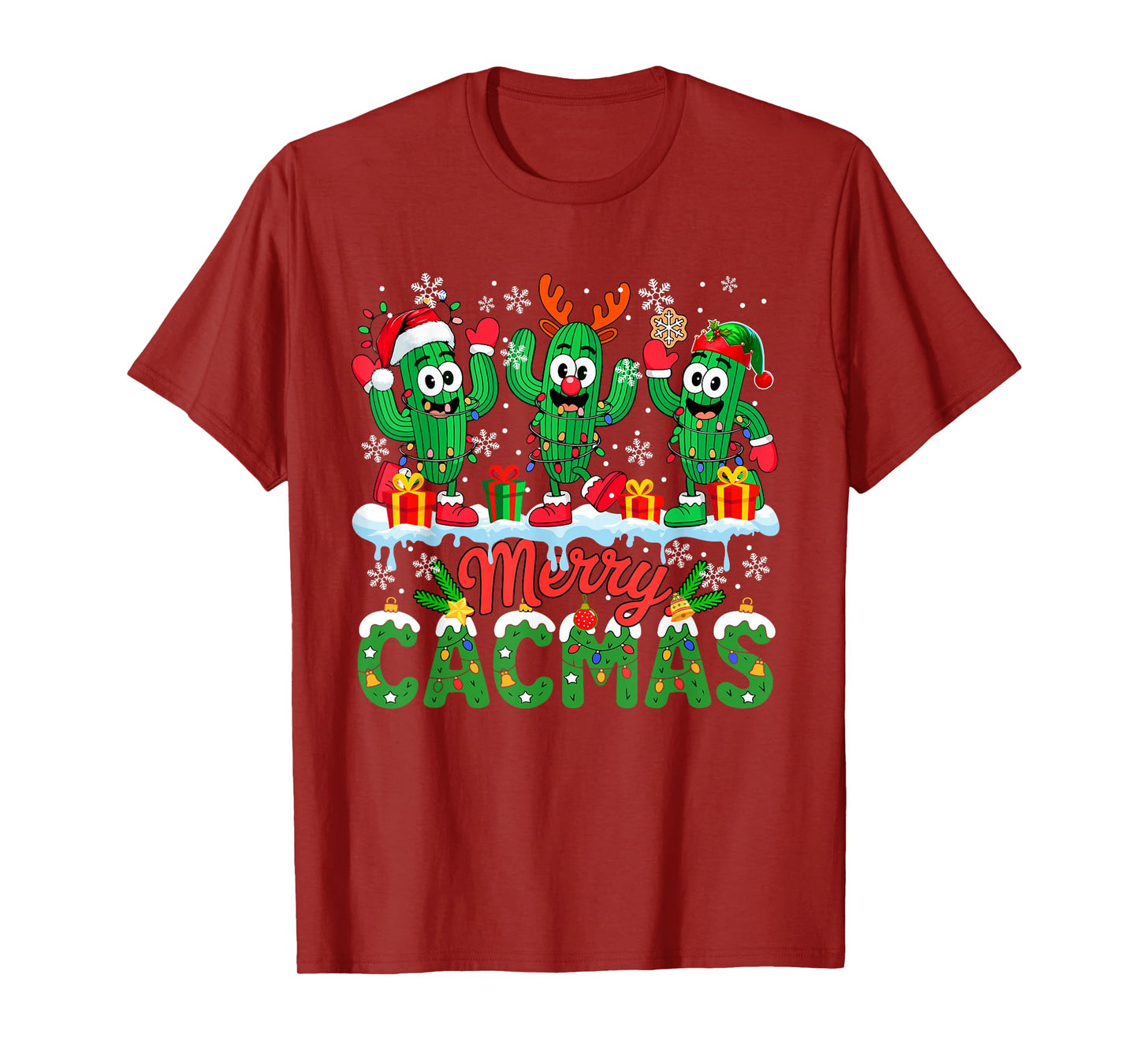Merry Cacmas Christmas Three Santa Reindeer Elf Cactuses T-Shirt