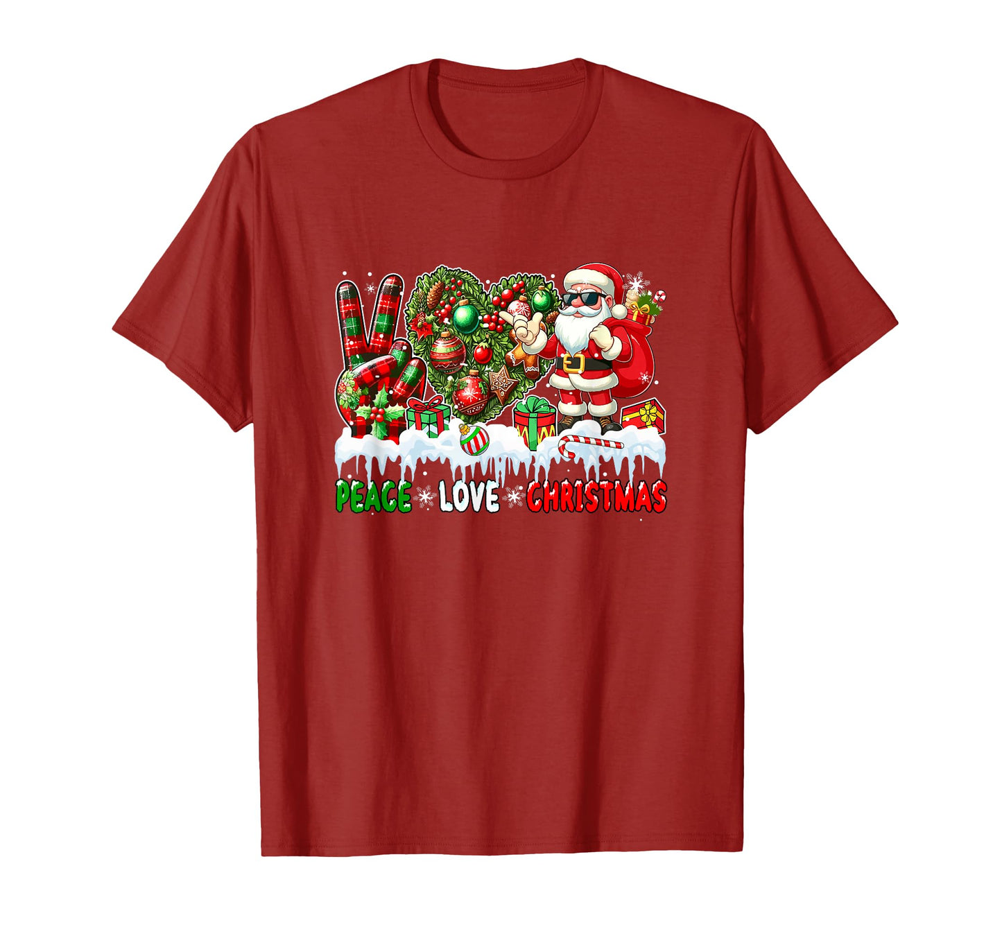 Peace Love Christmas Santa Sunglasses Heart Shape Floral T-Shirt
