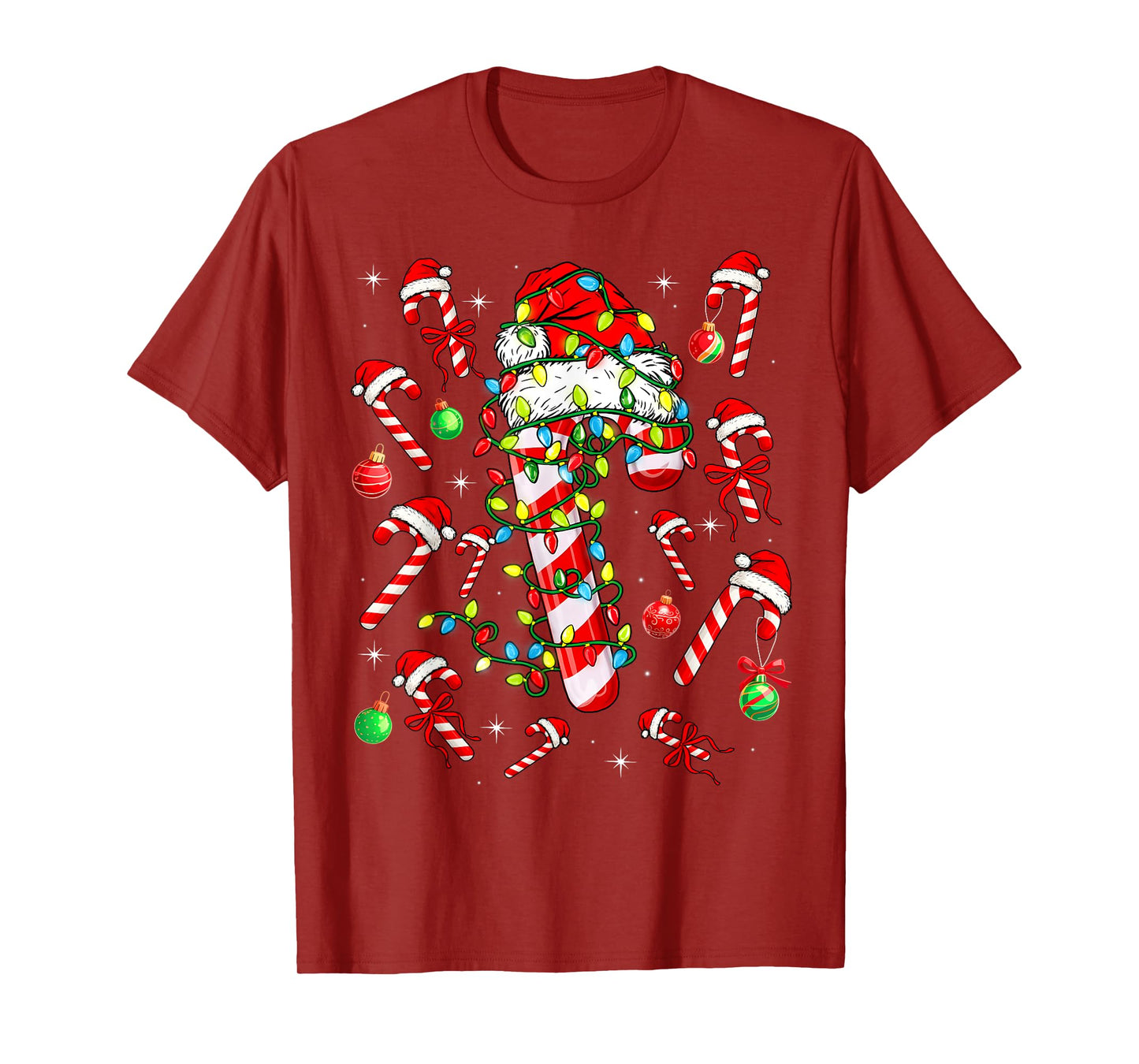 Candy Cane Santa Christmas Red and White Funny Xmas Lights T-Shirt