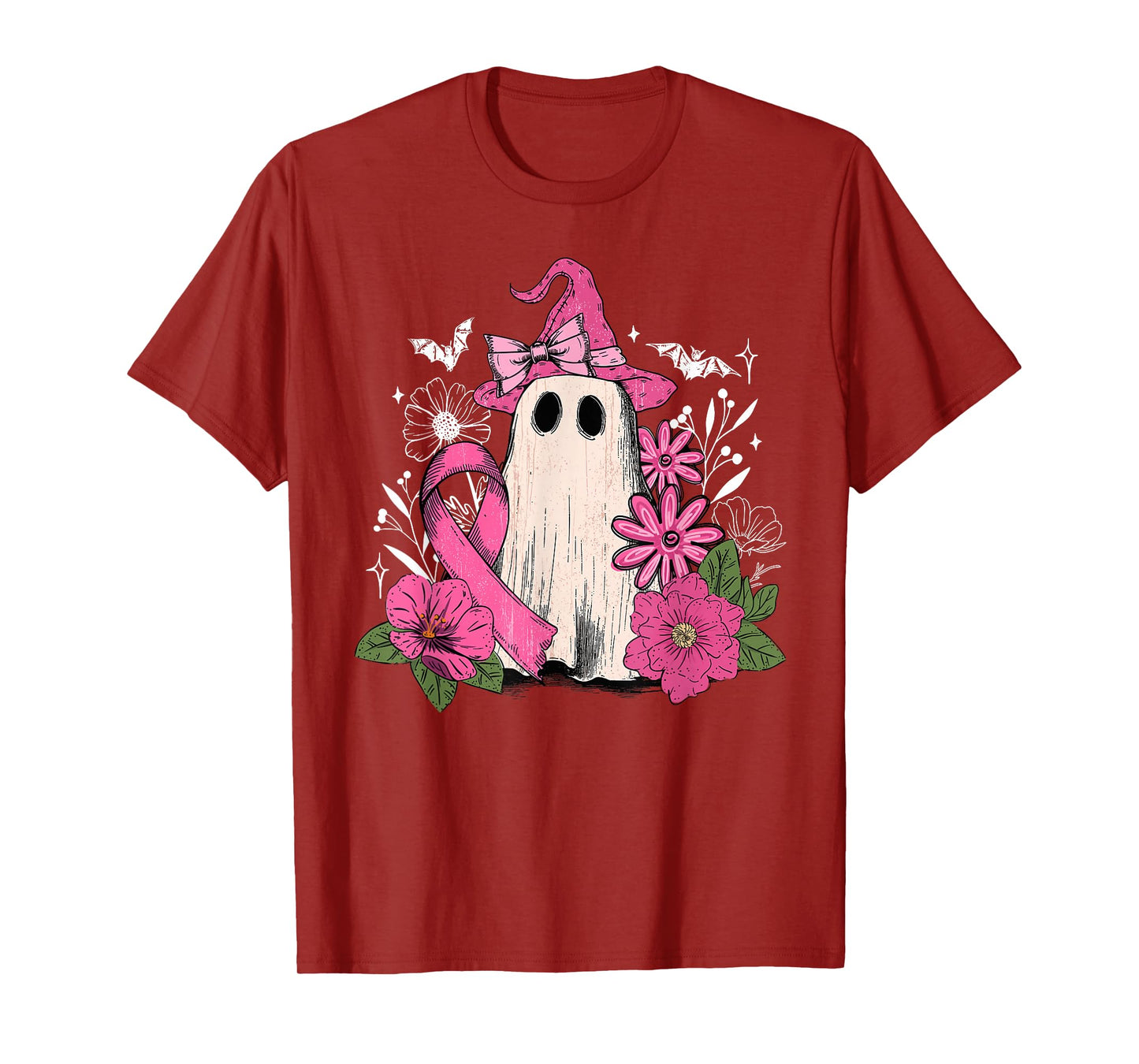 Retro Floral Pink Ghost Witch Breast Cancer Halloween Women T-Shirt