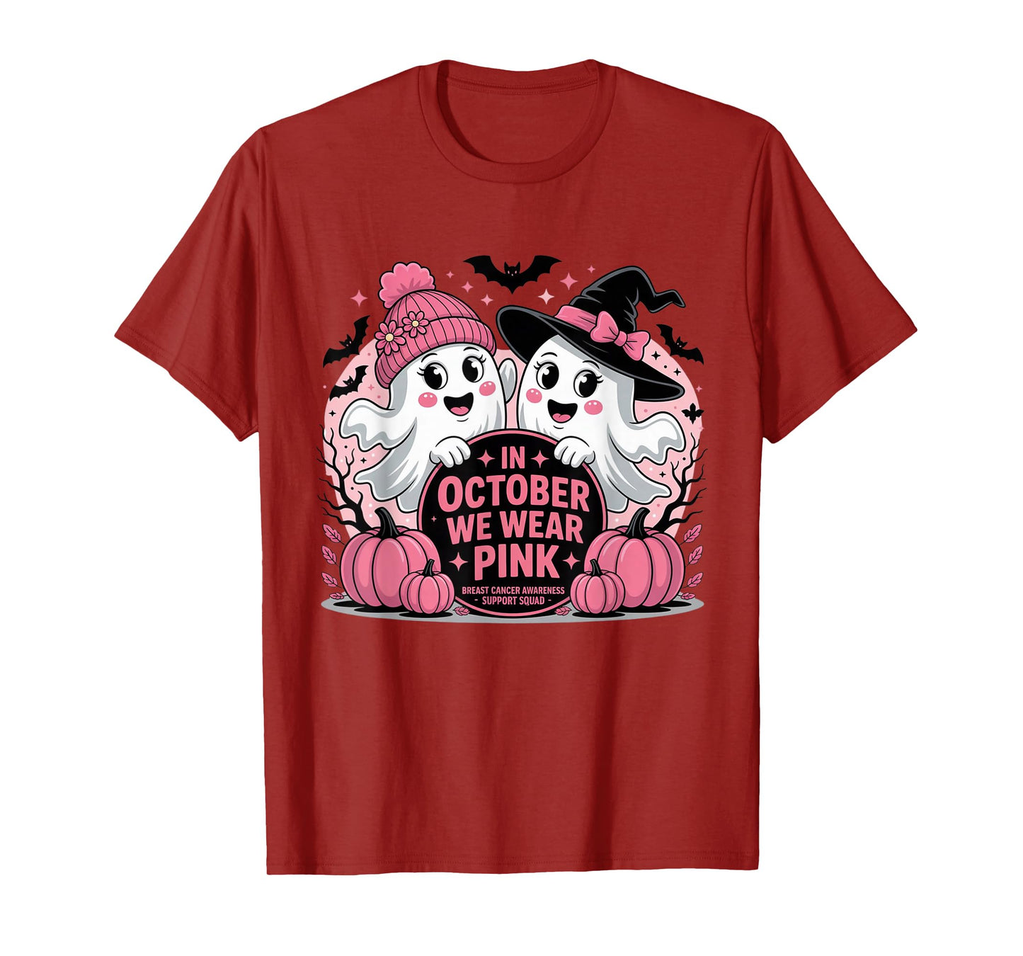 Support Squad We Wear Pink Ghost Witch October Breast Cancer T-Shirt