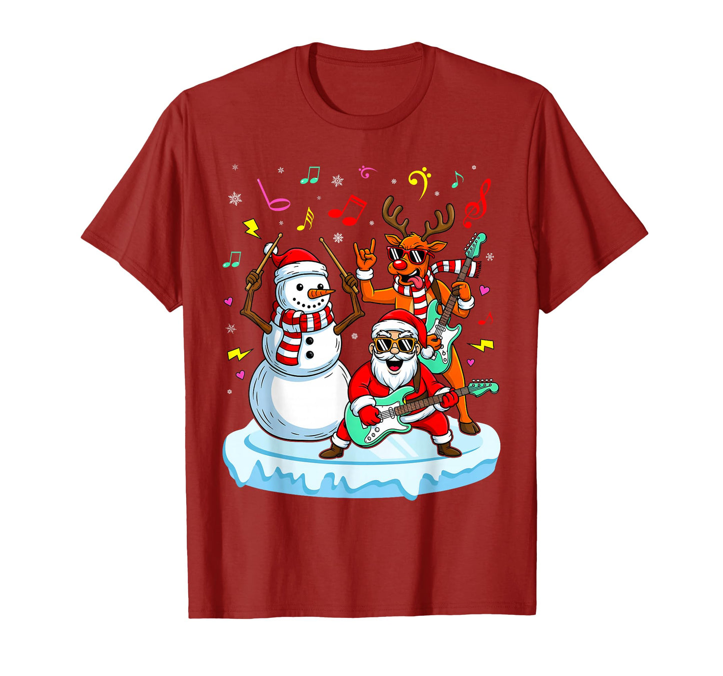 Guitar Player Santa Snowman Reindeer Christmas Pajama Music T-Shirt