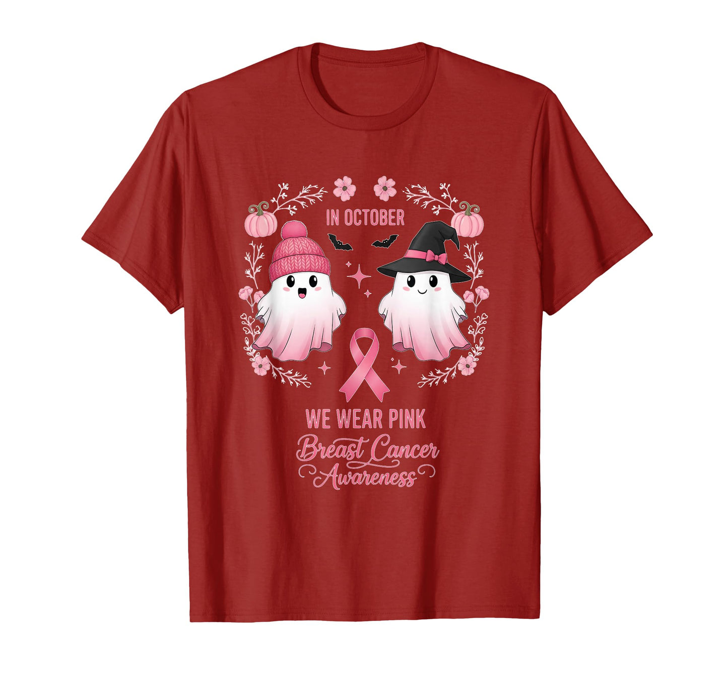 in October We Wear Pink Ghost Witch Breast Cancer Awareness T-Shirt