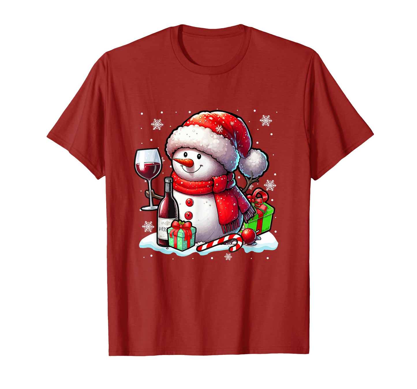 Santa Snowman Drinking Wine Christmas Funny Drinker Family T-Shirt