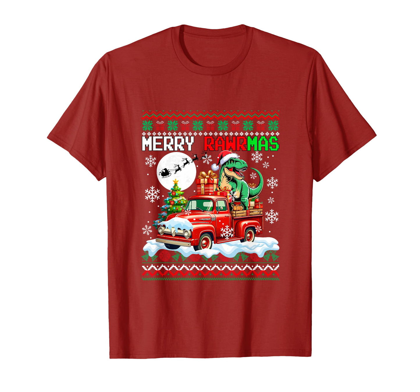 Merry Christmas Sweater Santa T-Rex On Pickup Truck T-Shirt
