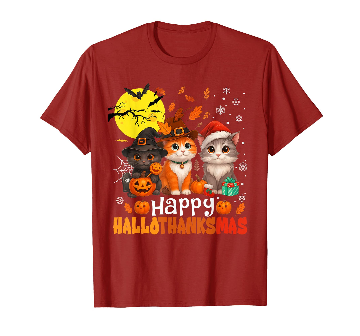 Halloween Thanksgiving Christmas Happy HalloThanksMas Cats T-Shirt