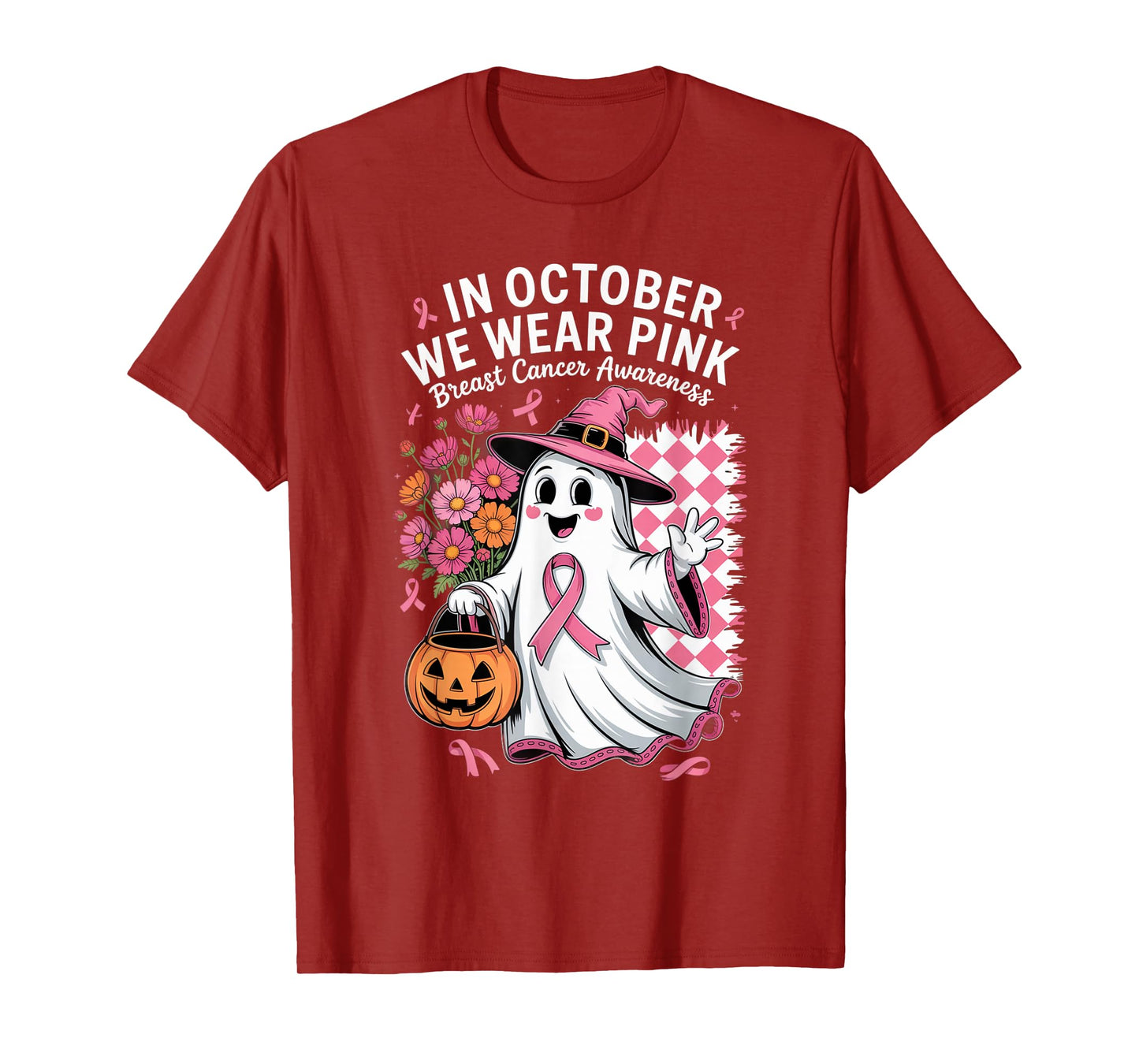 in October We Wear Pink Witchy Ghost Halloween Cool Artwork T-Shirt