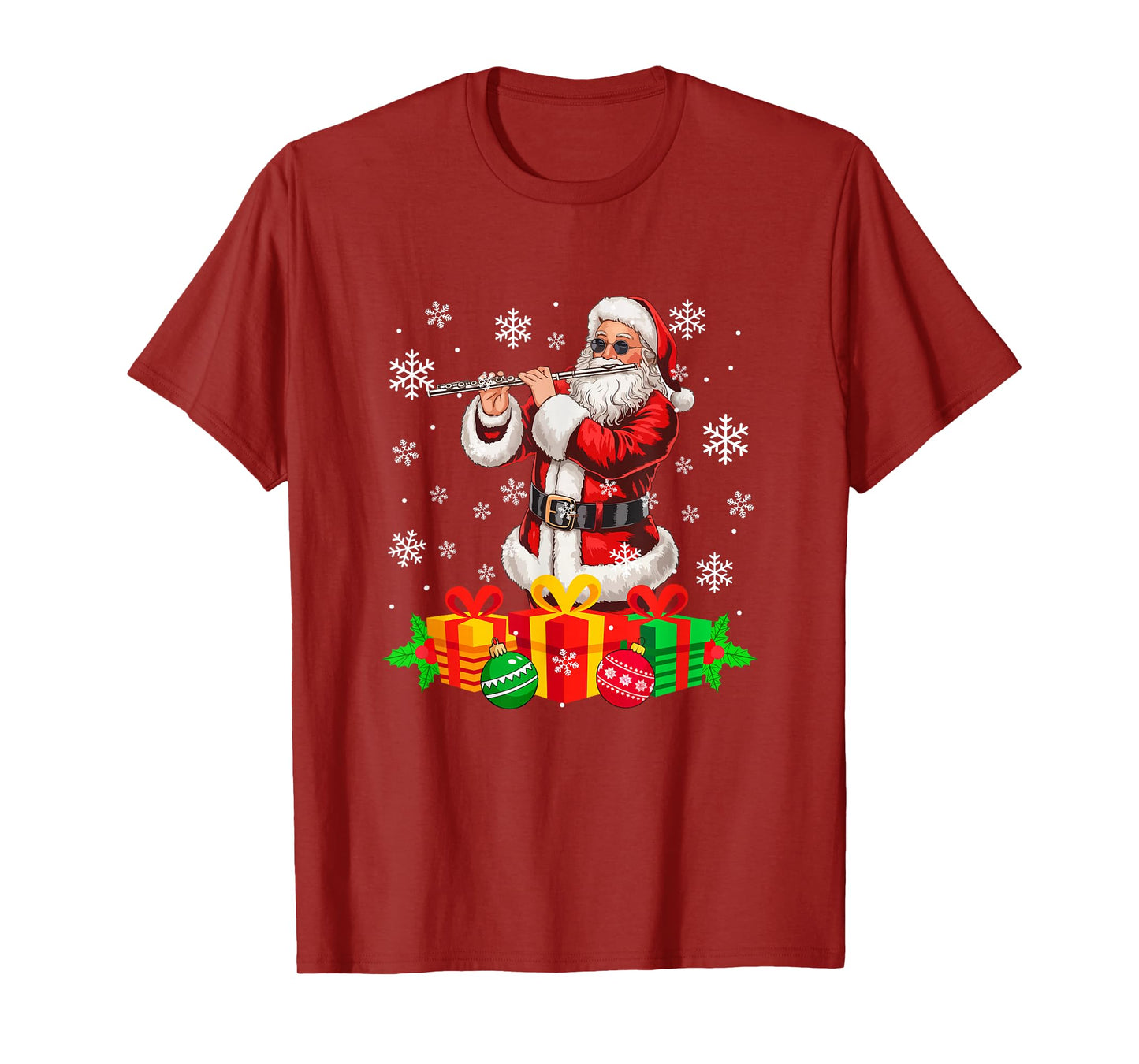 Santa Playing Flute Instrument Colorful Christmas Boxes T-Shirt