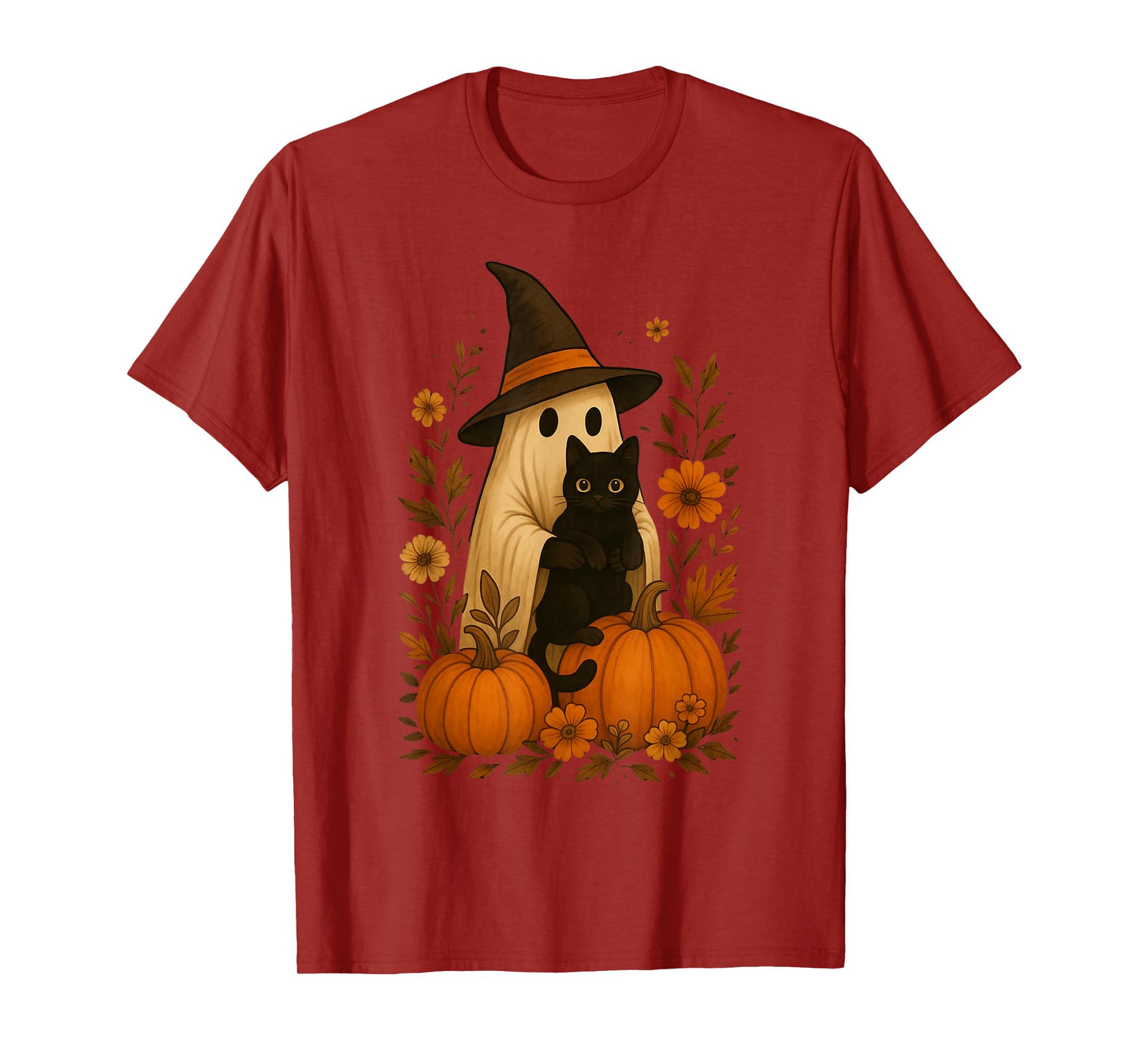 Vintage Ghost Witch Hat Black Cat Pumpkin Halloween Art T-Shirt