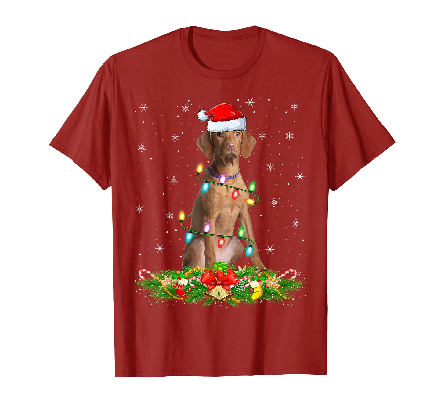 Vizsla Dog Christmas Lights Funny Santa Hat Xmas T-Shirt