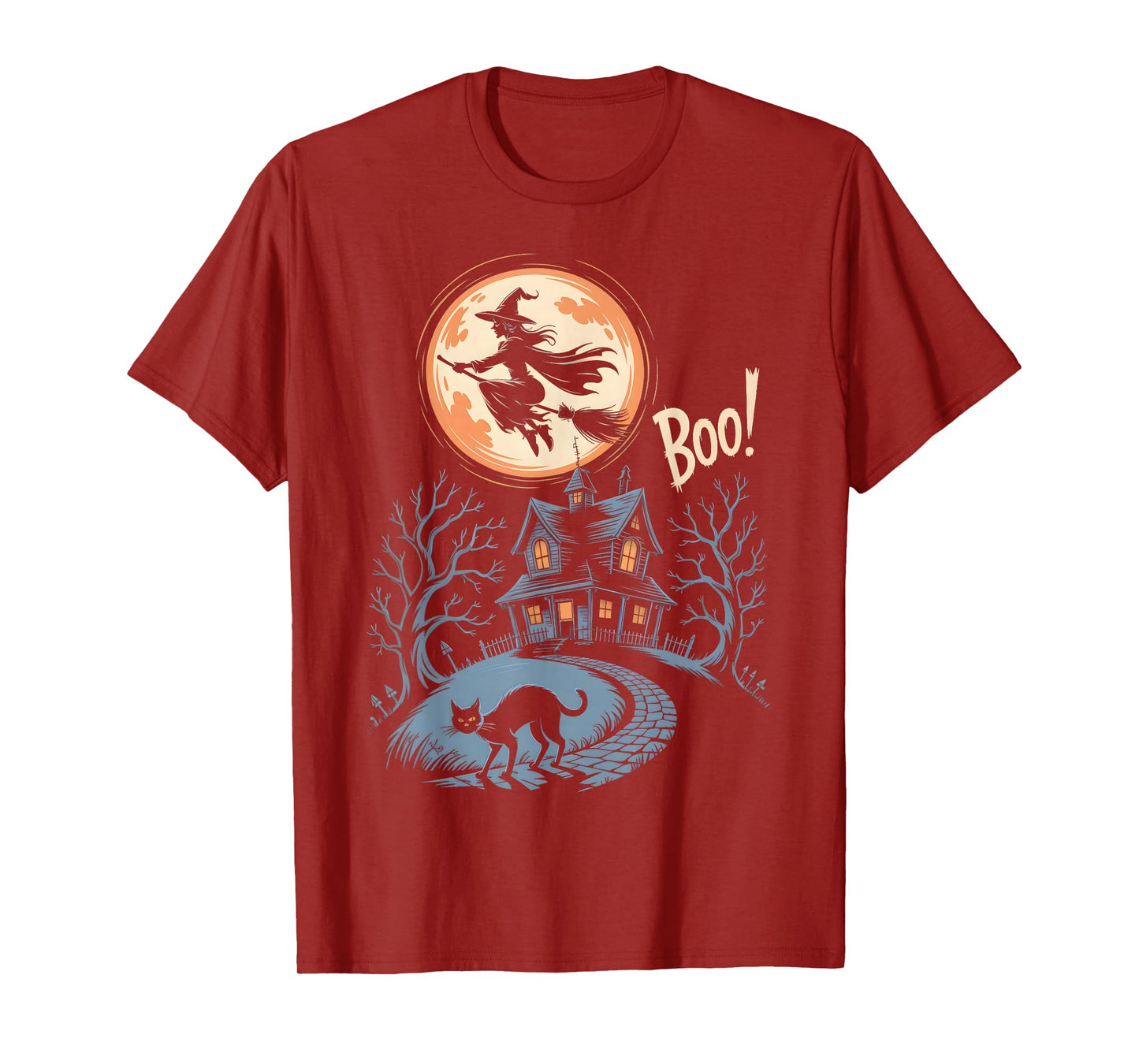 Witch Flying Over Haunted Spooky House Boo Halloween T-Shirt