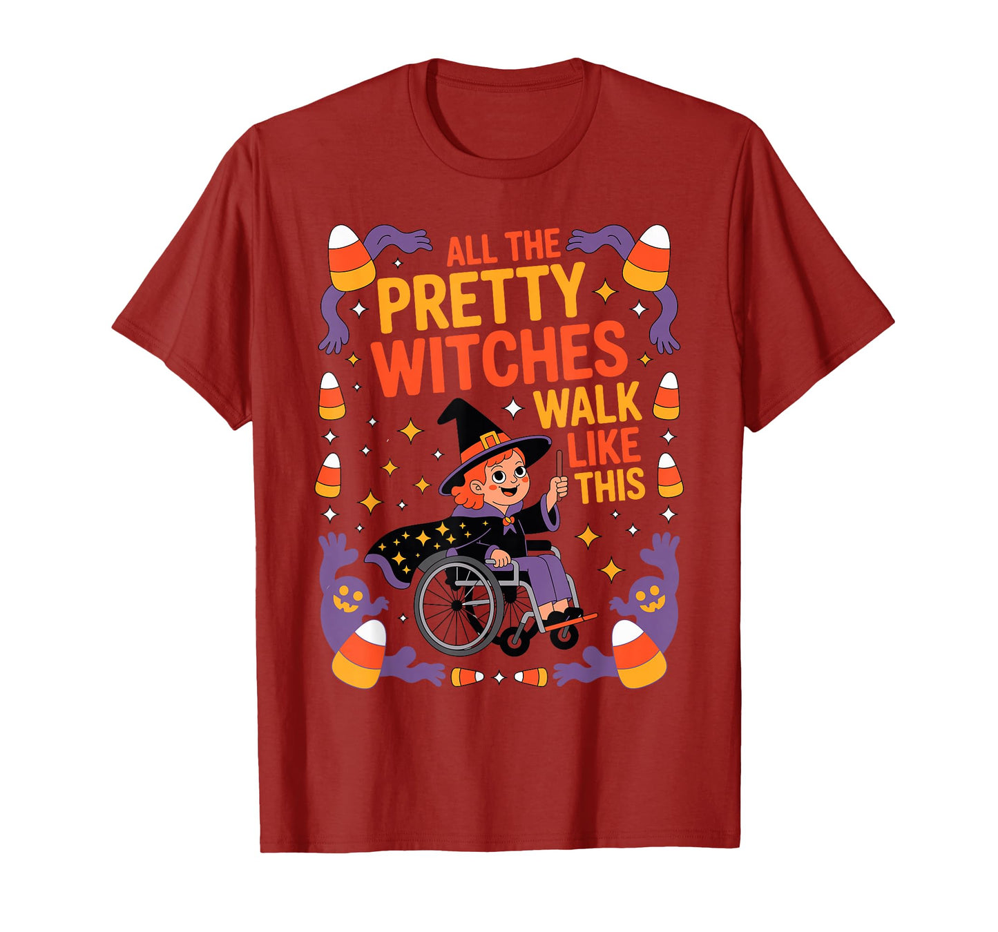 Wheelchair Costume Girl Halloween Handicap Joke Witch Hat T-Shirt