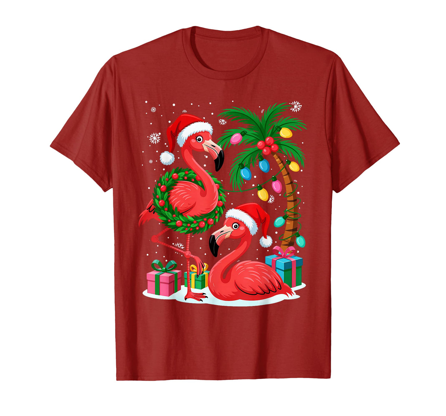 Christmas Flamingo Funny Santa by Sea Palm Tree Lights T-Shirt