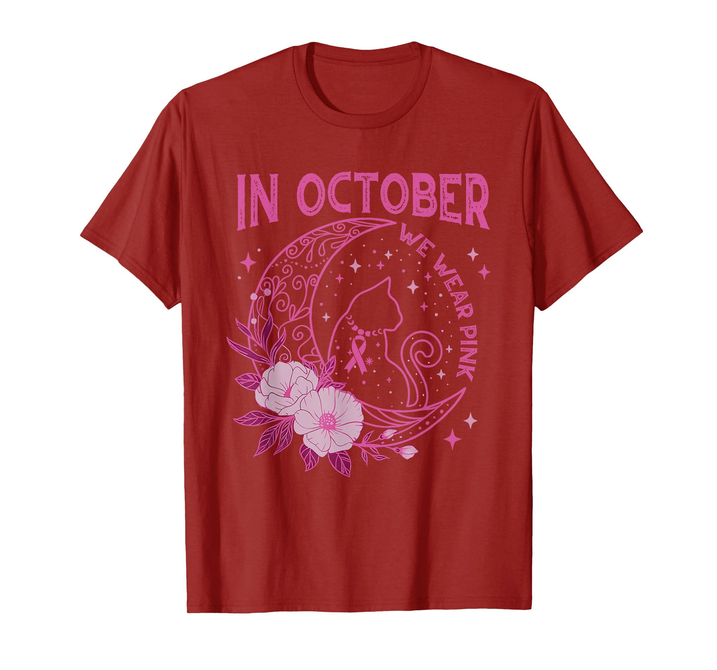 In October We Wear Pink Flower Cat Moon Graphic Tee Women T-Shirt