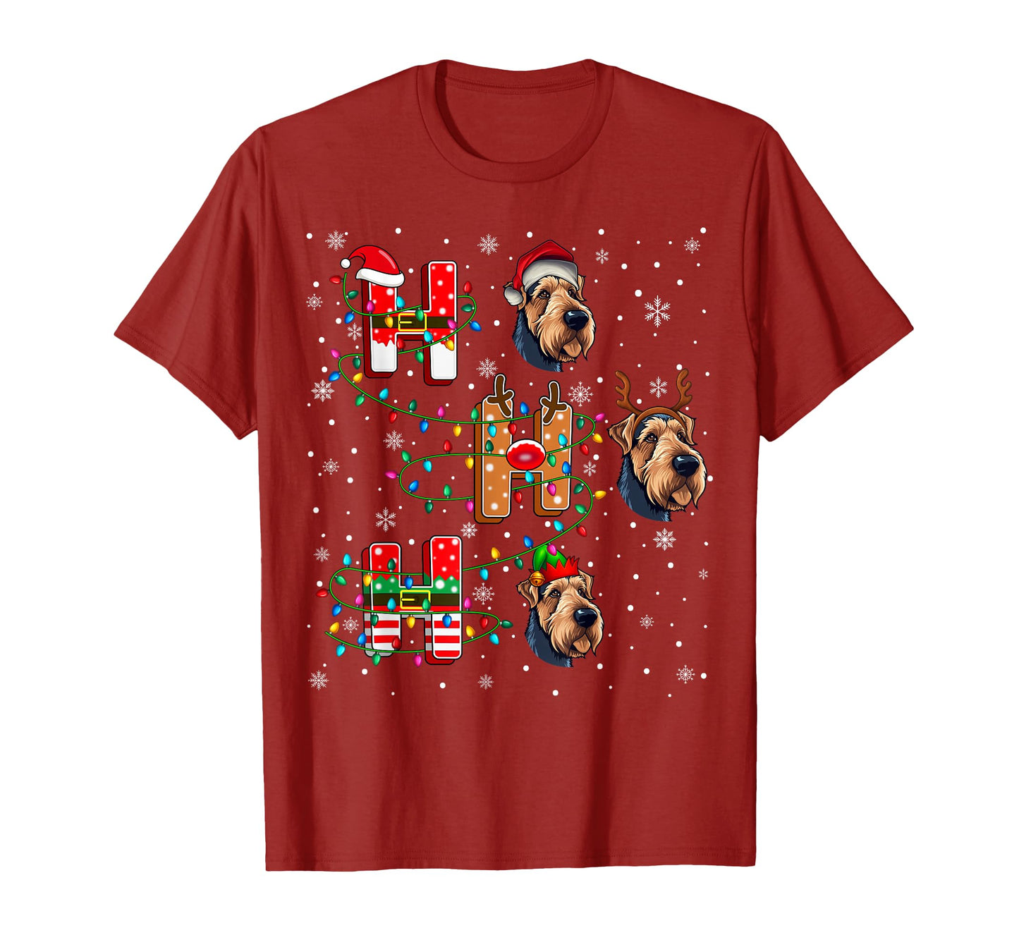 Ho Ho Ho Santa Reindeer Hat Elf Matching Airedale Dog Xmas T-Shirt