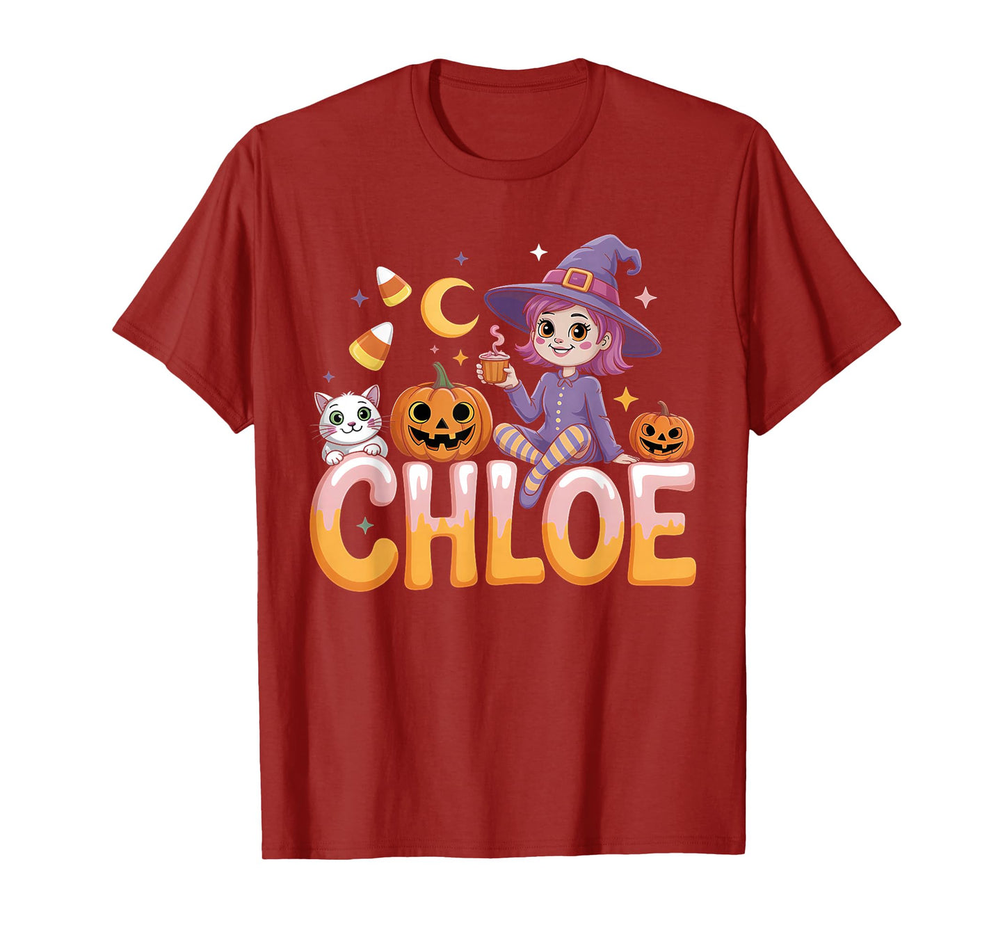 Chloe Witch Candy Corn Cat Halloween Women and Girls T-Shirt