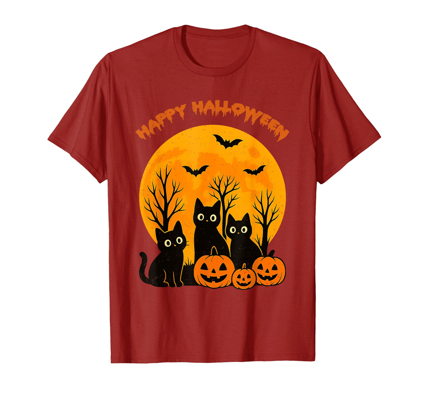 Black Cat Pumpkin Moon Bats Happy Halloween Kitten Lover T-Shirt