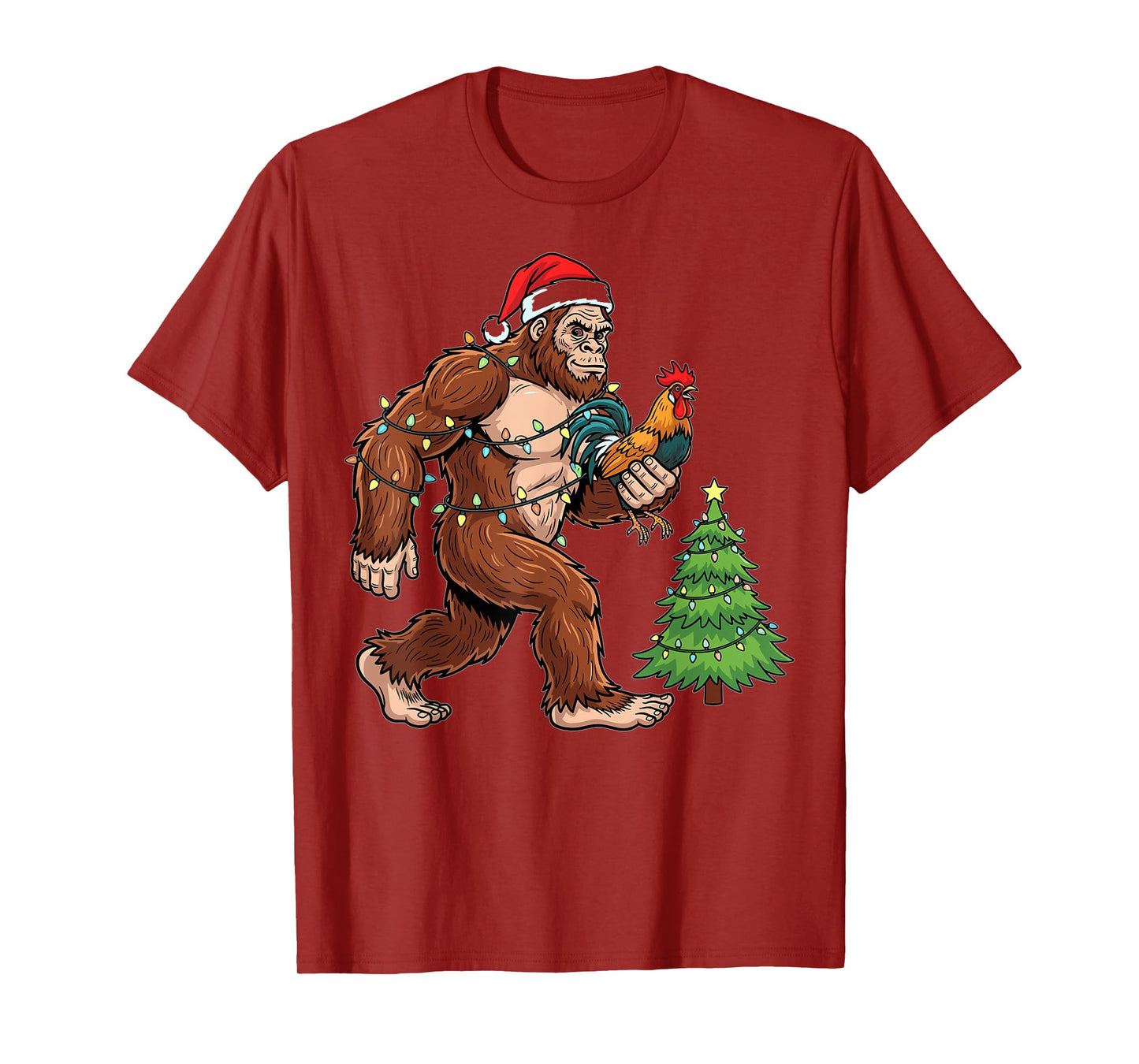Christmas Bigfoot Santa Hat Chicken Holiday Lights T-Shirt
