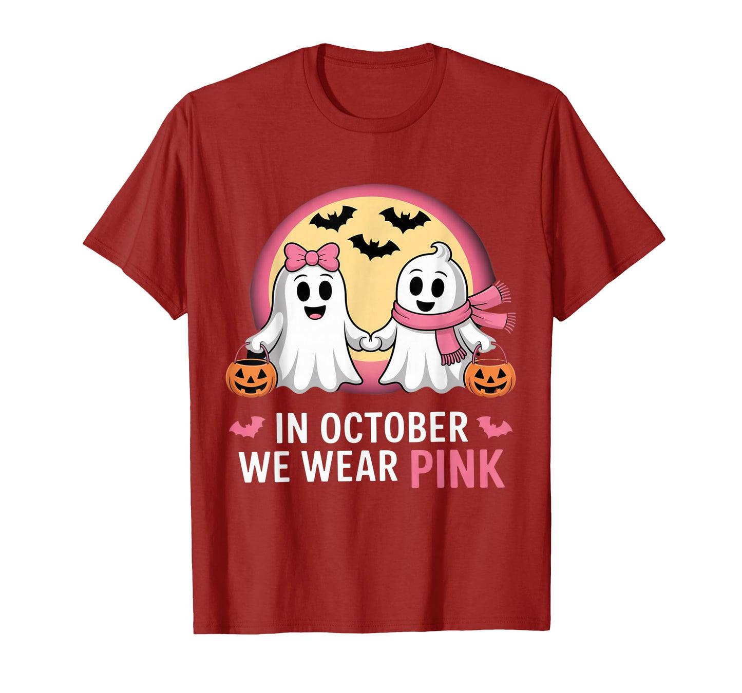 in October We Wear Pink Ghost Witch Breast Cancer Awareness T-Shirt