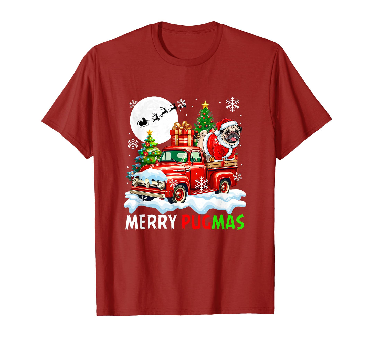 Merry Christmas Santa Pug On Pickup Truck Owner Kids Family T-Shirt