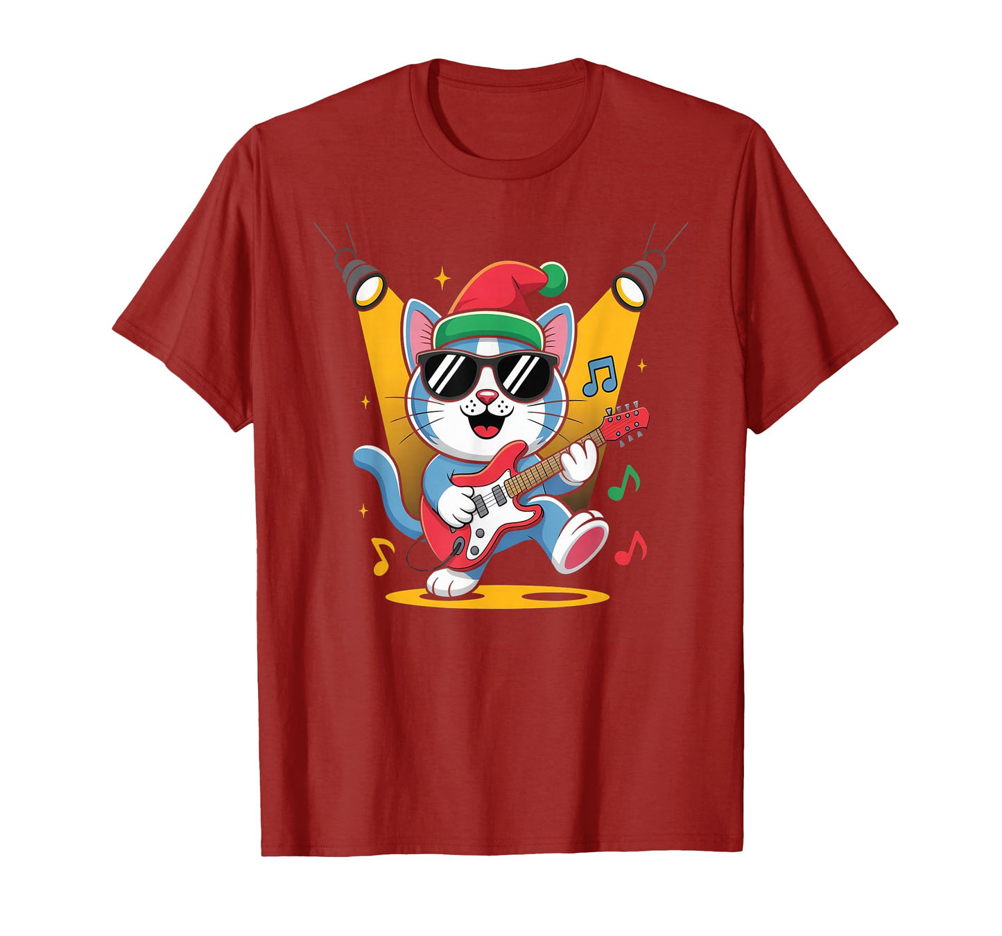 Christmas Santa Hat Cat Playing Guitar Rock and Roll T-Shirt