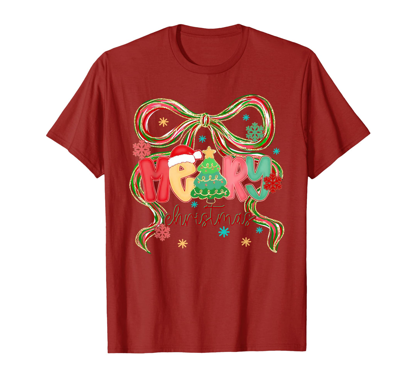 Merry Christmas Coquette Bow Xmas Tree Snowflake Holiday T-Shirt