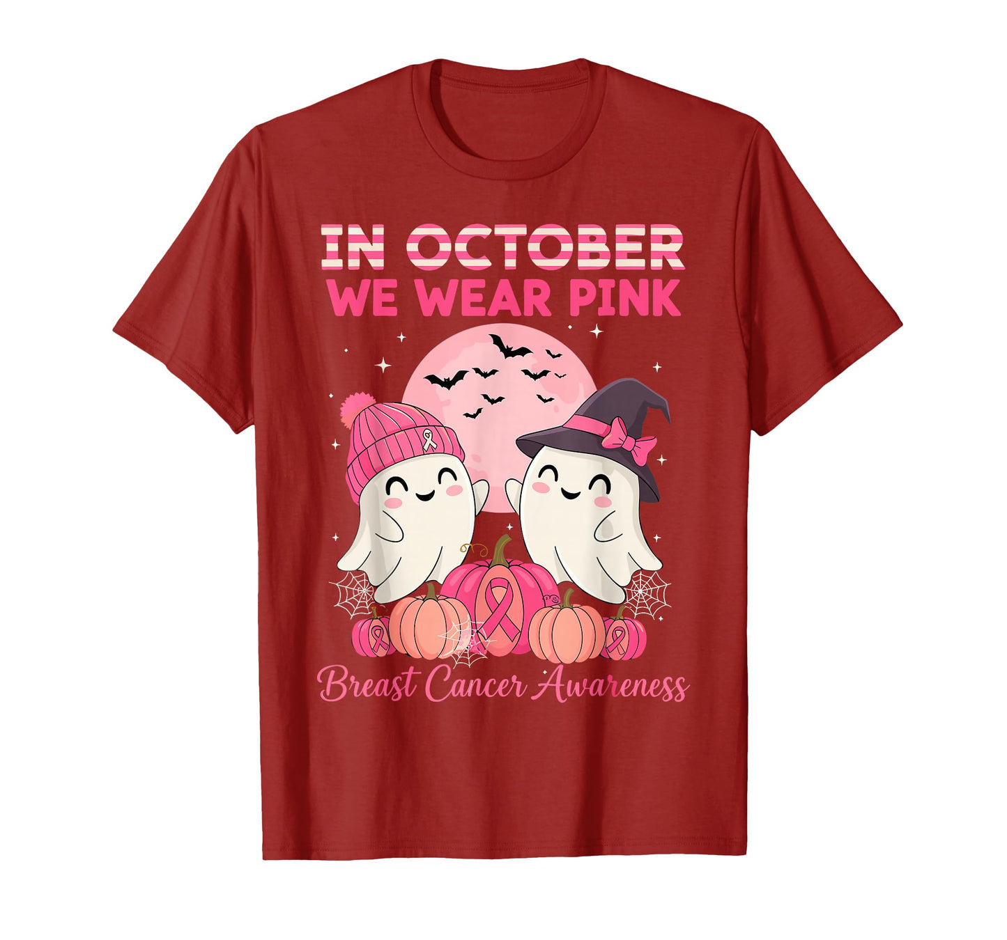 in October We Wear Pink Ghost Witch Breast Cancer Awareness T-Shirt
